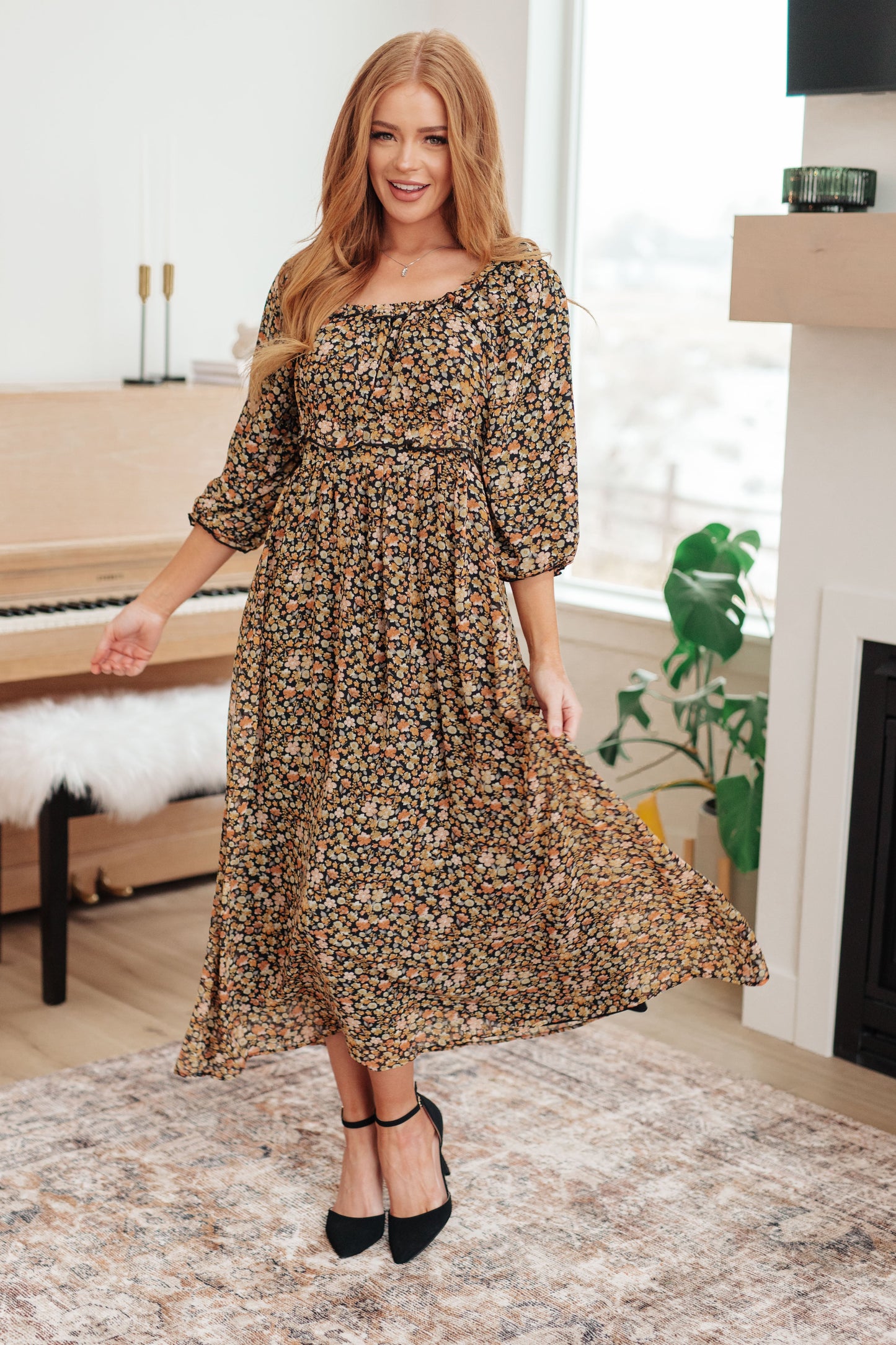 Floral Poly Chiffon Maxi dress by Polagram
Square Neckline
3/4 Length Sheer Sleeves
Cased Elastic Waistband
Ruffle Details
Pockets
Fully Lined
Self 100% Polyester
Lining 100% Polyester
True to Size