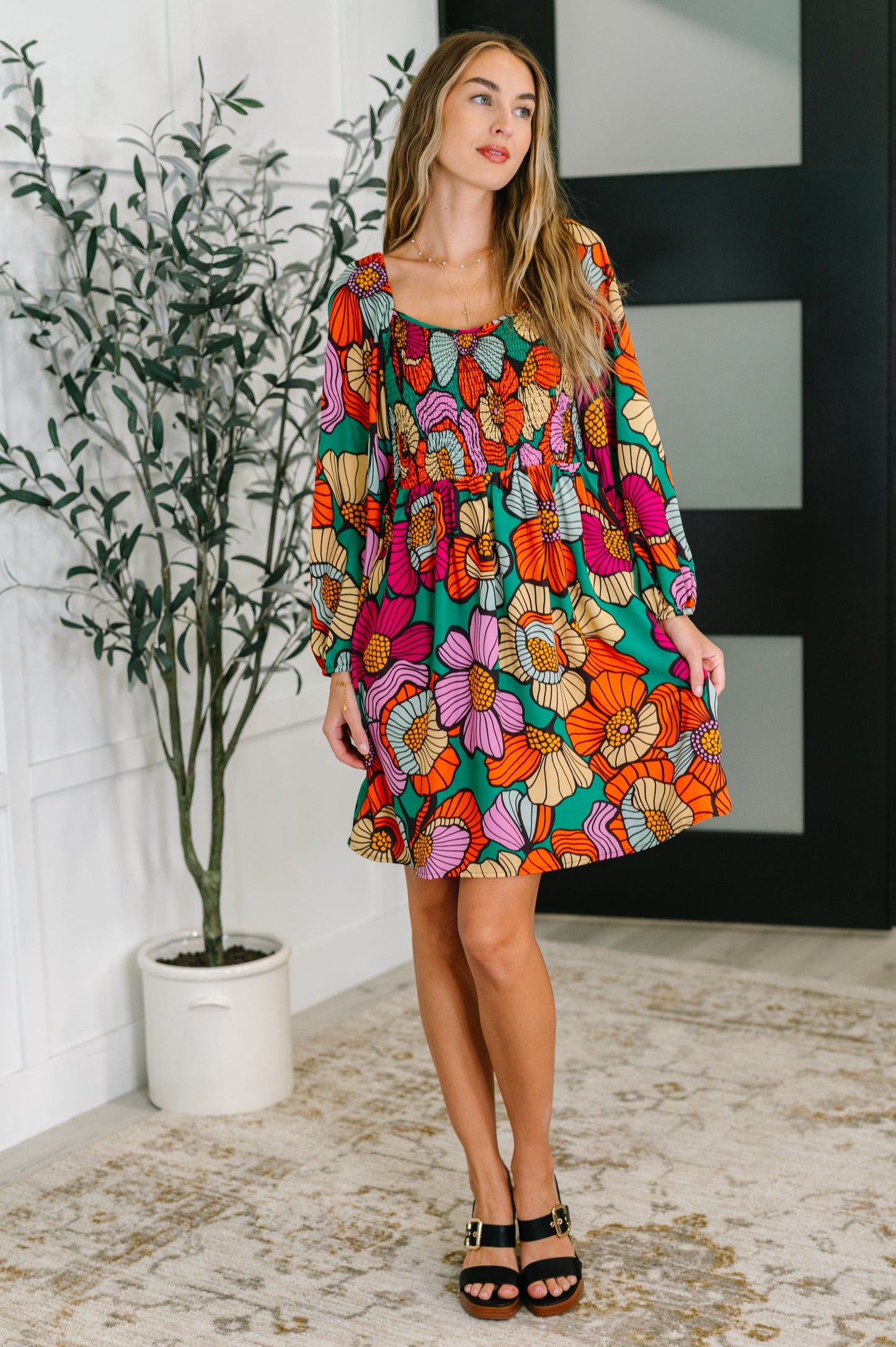 Long sleeve floral scoop neck dress by Oddi