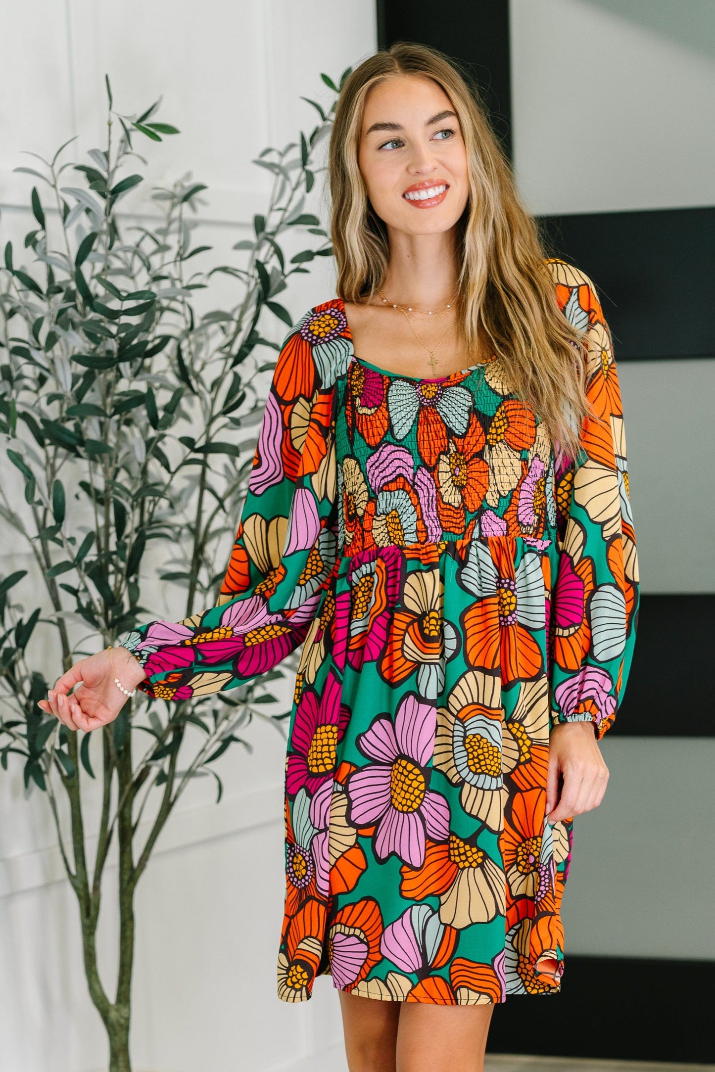 Long sleeve floral scoop neck dress by Oddi
