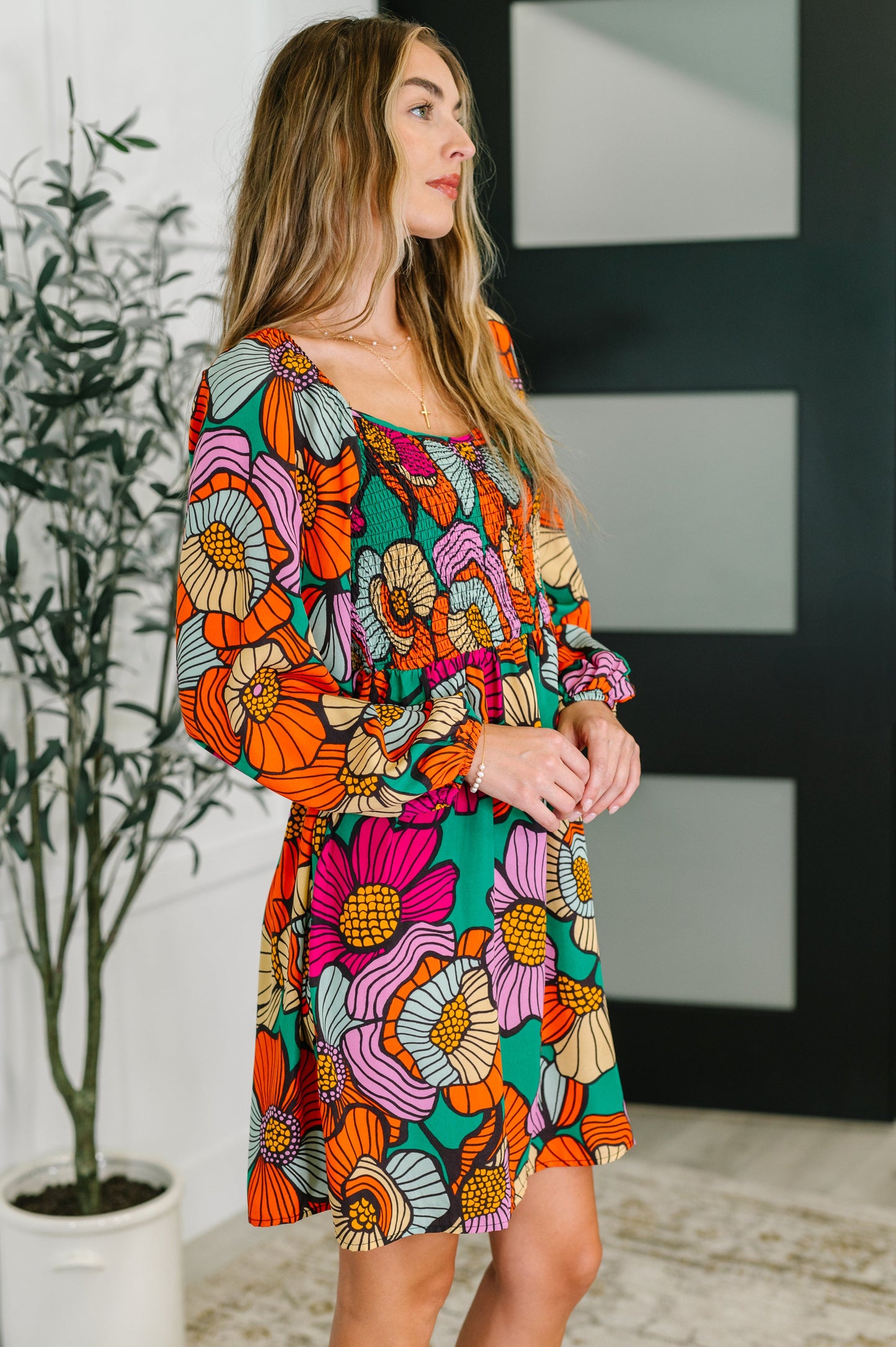 Long sleeve floral scoop neck dress by Oddi