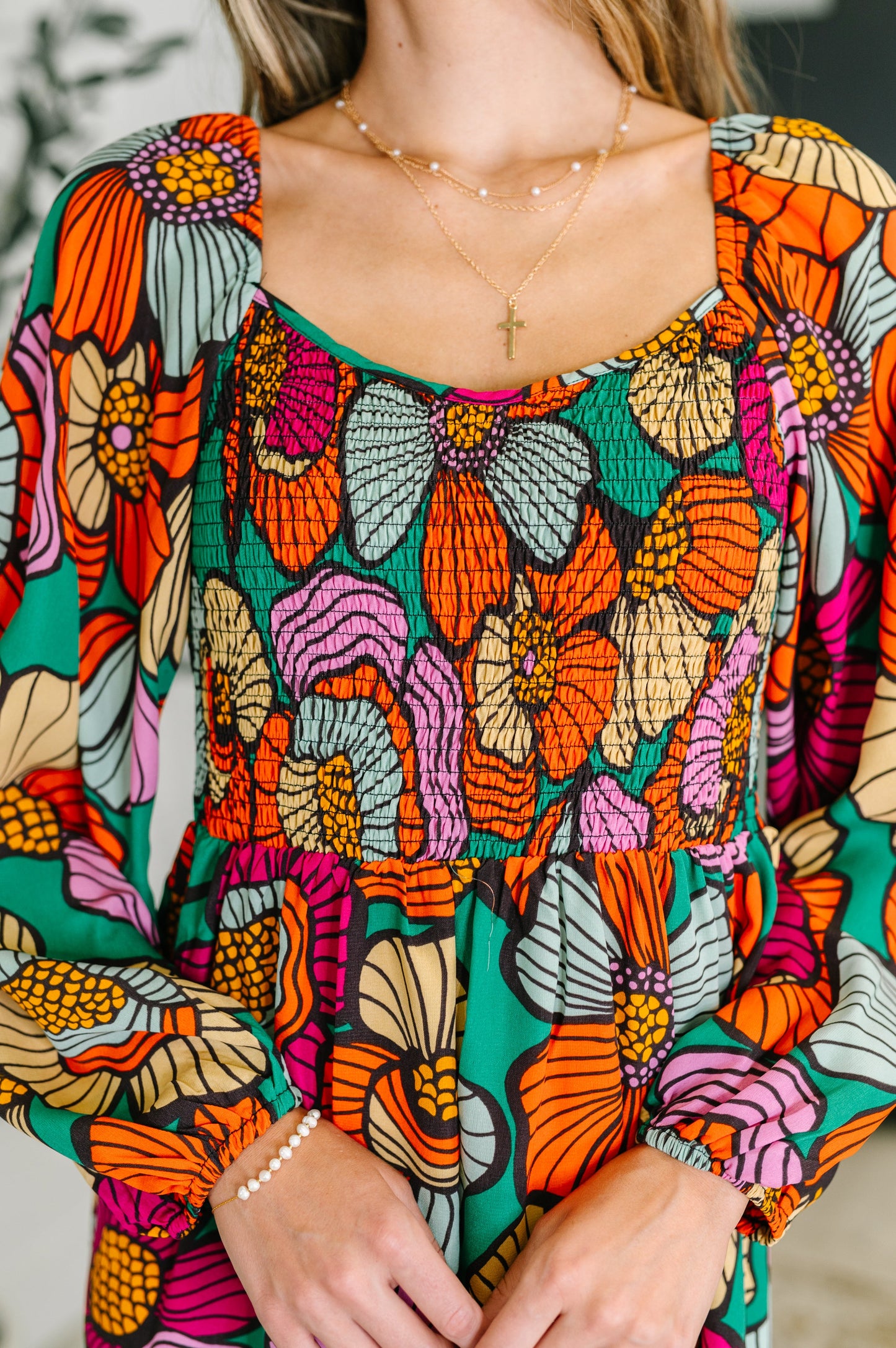 Long sleeve floral scoop neck dress by Oddi