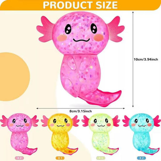 Colorful glitter axolotl squishy toys in assorted random colors being squeezed in hand kawaii sensory fidget toy
