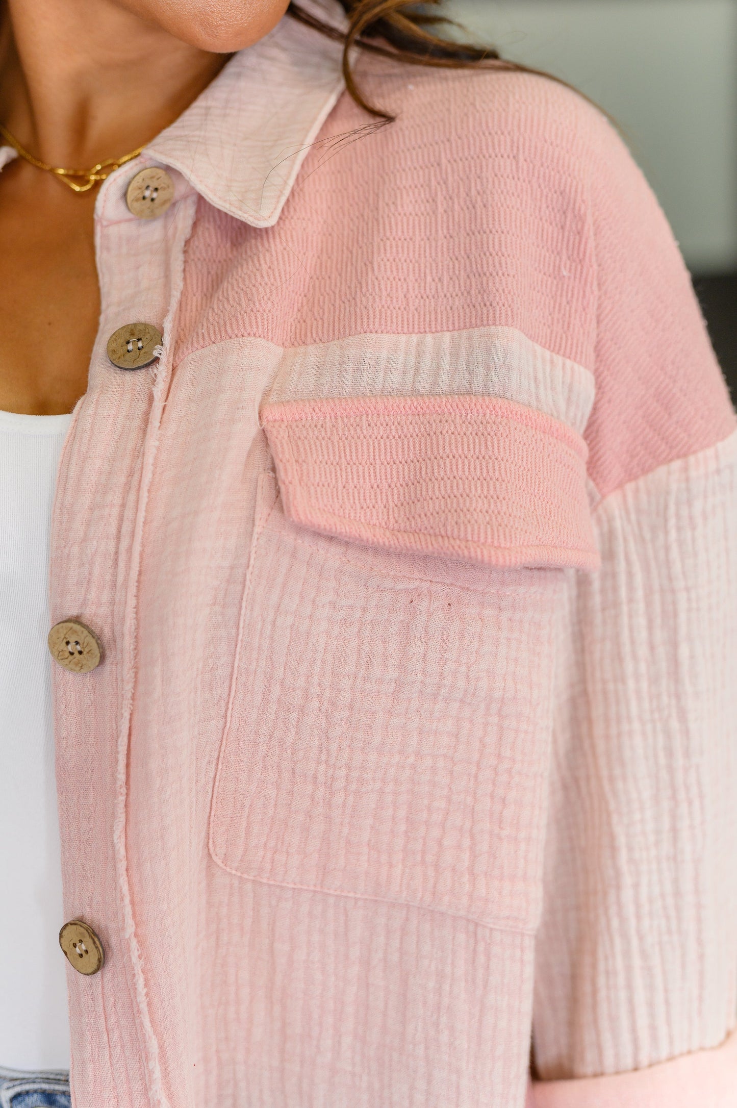 Full Front Button Down Shacket in Pink by Very
Woven Gauze
No Stretch
Textured Knit Contrast
Full Front Button Down
Collared Neckline
Functional Patch Pockets
Exposed Raw Seam Details
Banded Sleeve Cuff
Sleeve Button Closure
Self: 100% Cotton
Contrast: 68% Polyester, 29% Rayon, 3% Spandex
True to Size