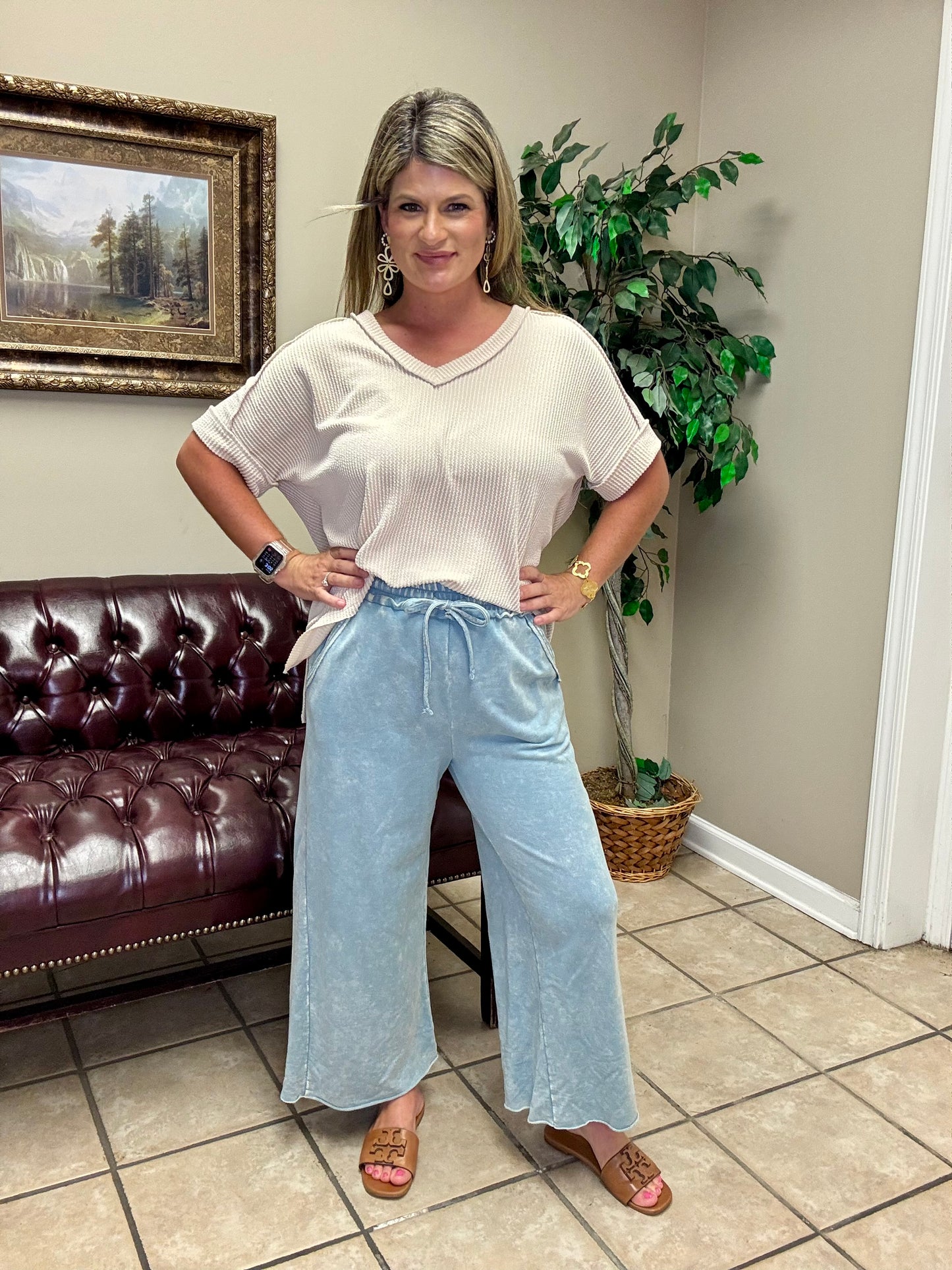 Washed French Terry Palazzo Pants by Zenana in Ocean Blue