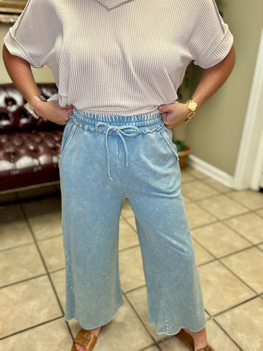 Washed French Terry Palazzo Pants by Zenana in Ocean Blue