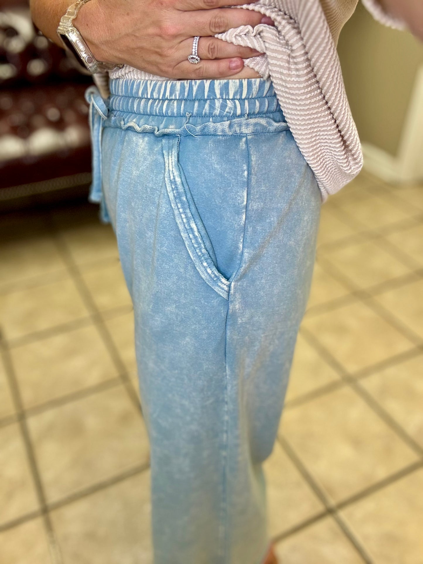 Washed French Terry Palazzo Pants by Zenana in Ocean Blue