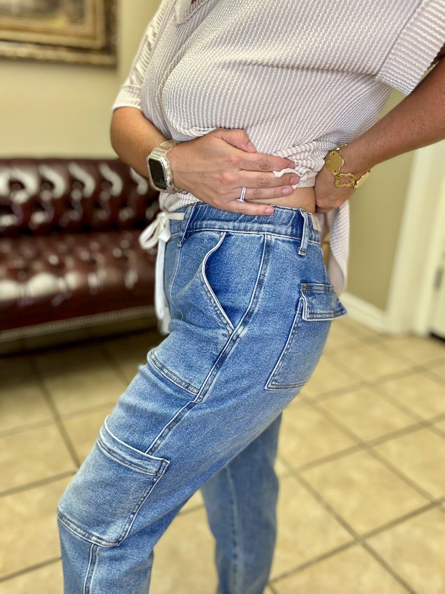 High Rise Cuffed Cargo Denim Jogger by Judy Blue