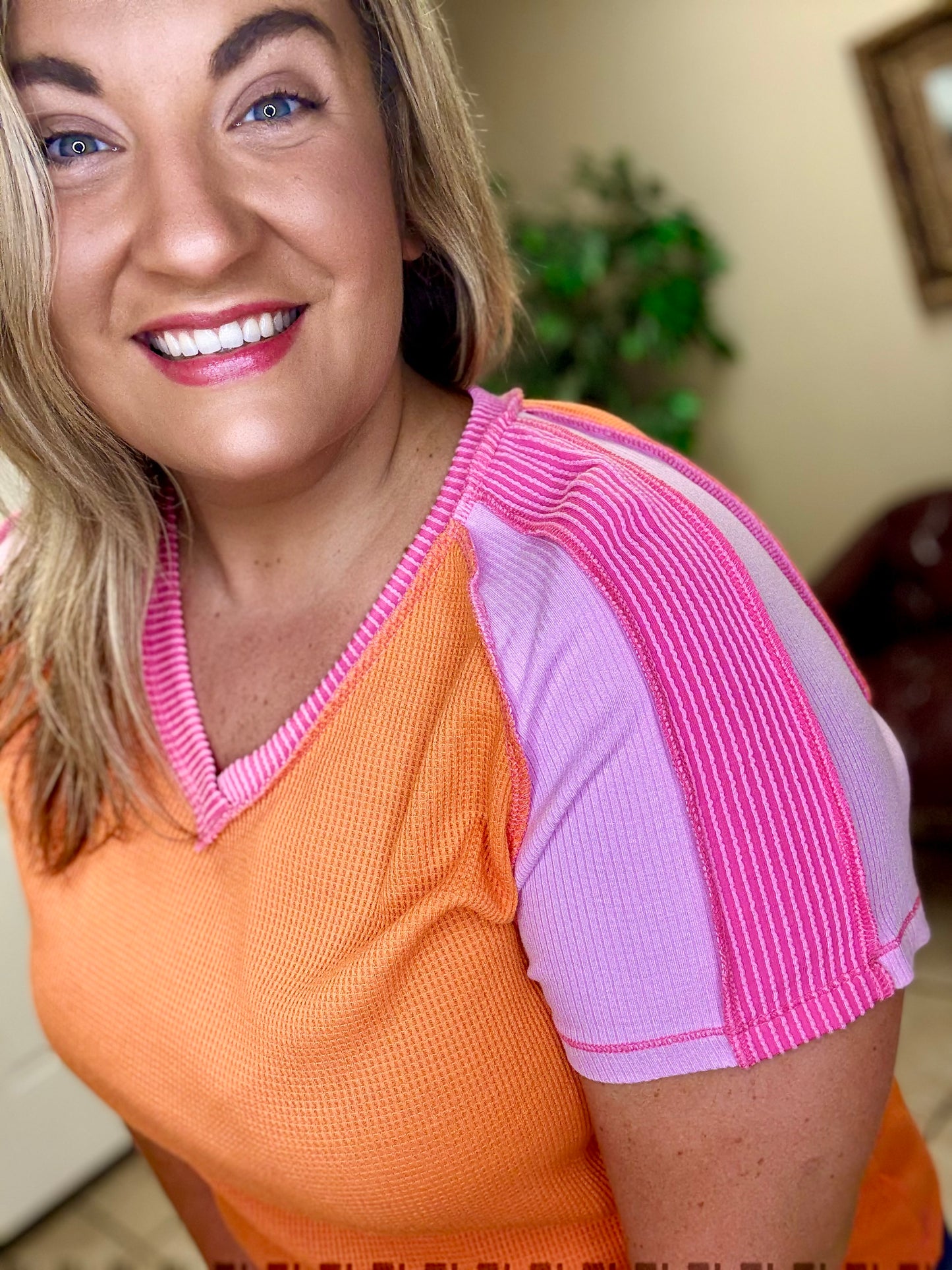 Orange Exposed Seam Color Block Top