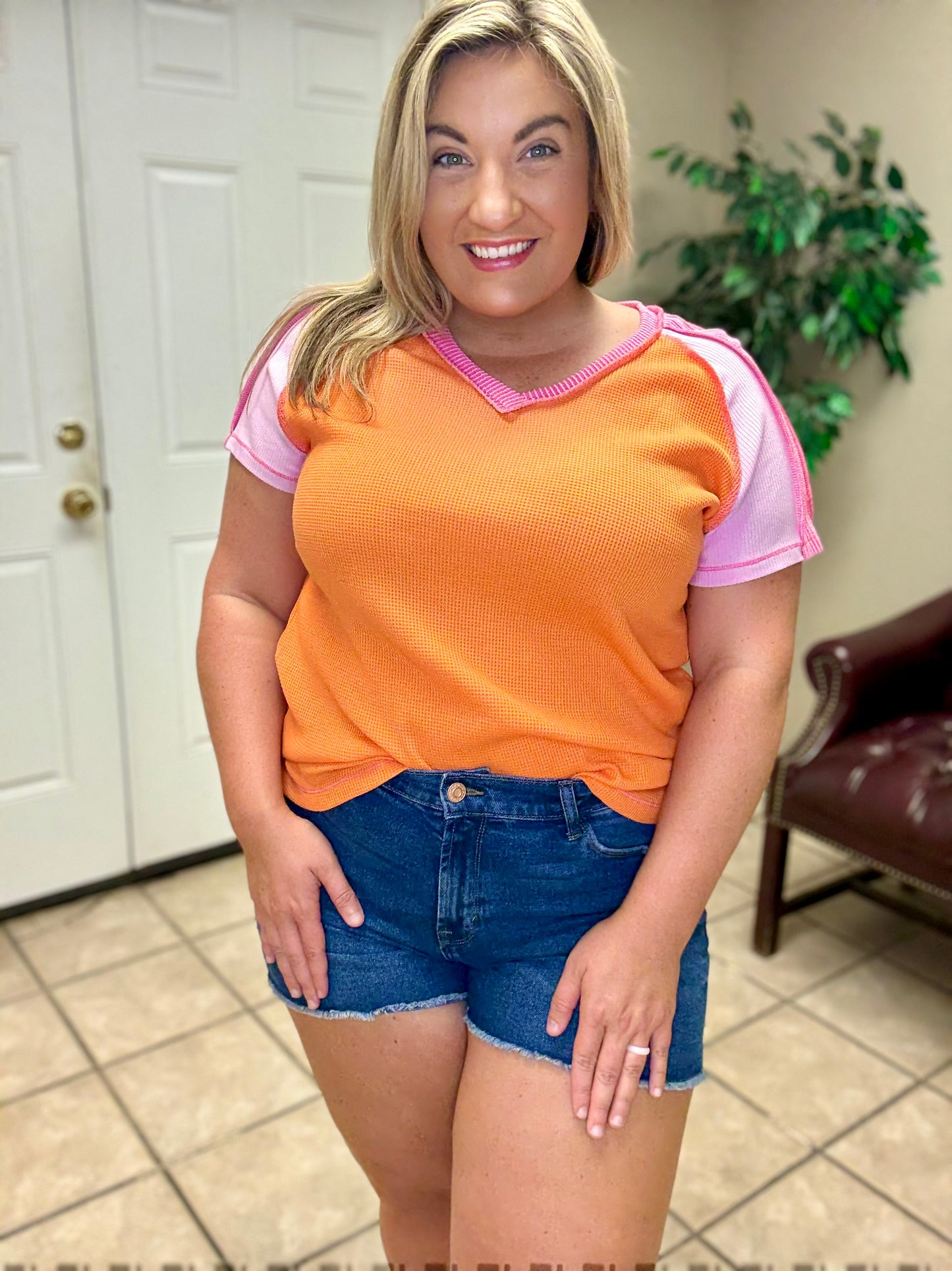Orange Exposed Seam Color Block Top
