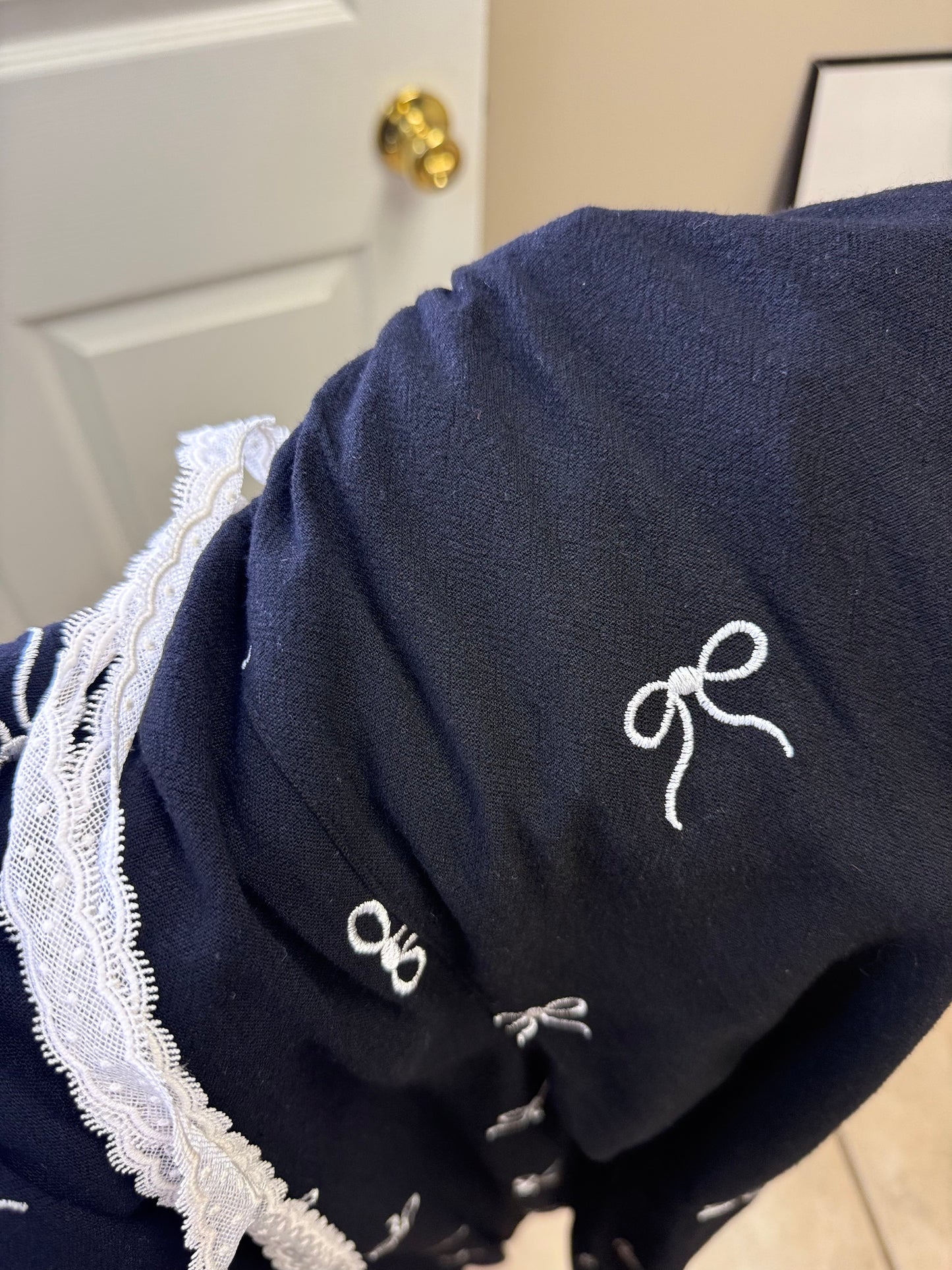 Black Embroidered Linen Bow Pants