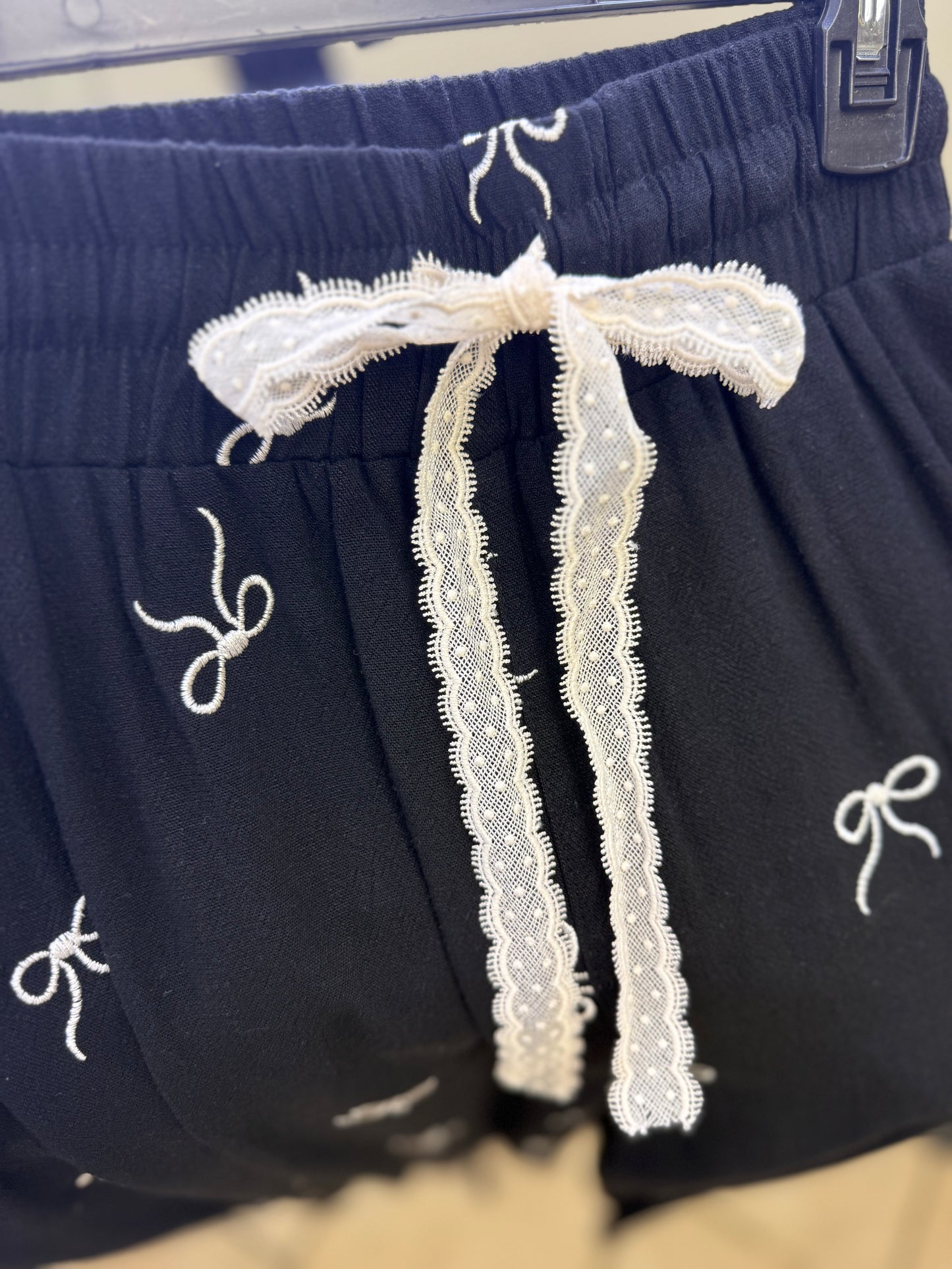 Black Embroidered Linen Bow Pants