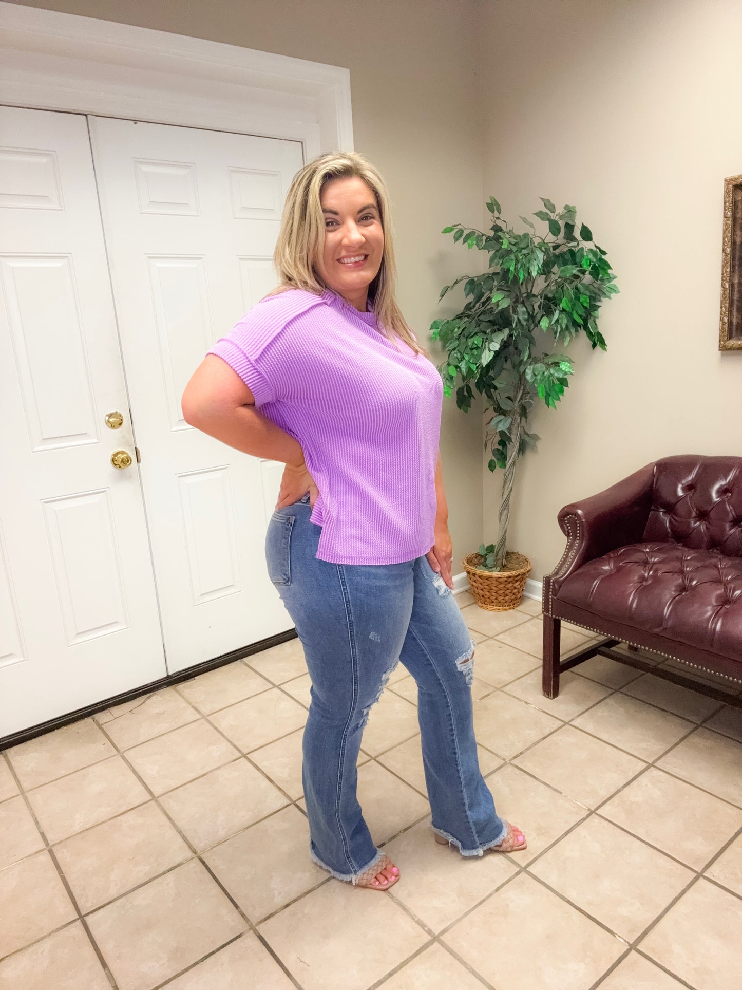 Corded Rib Cuff Sleeve Raw Edge Top In Spring Violet