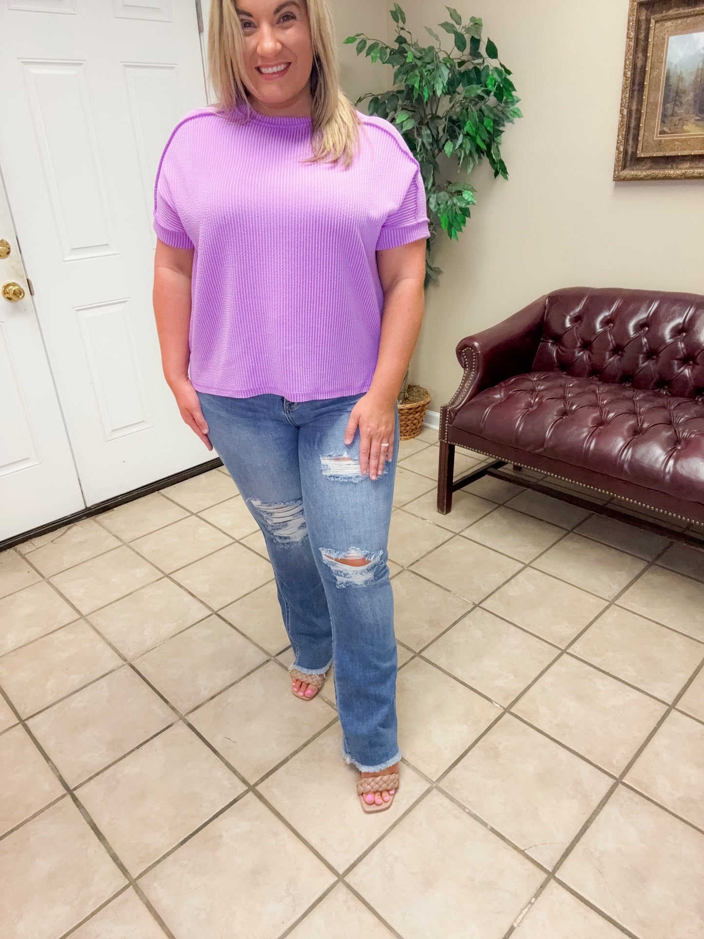 Corded Rib Cuff Sleeve Raw Edge Top In Spring Violet