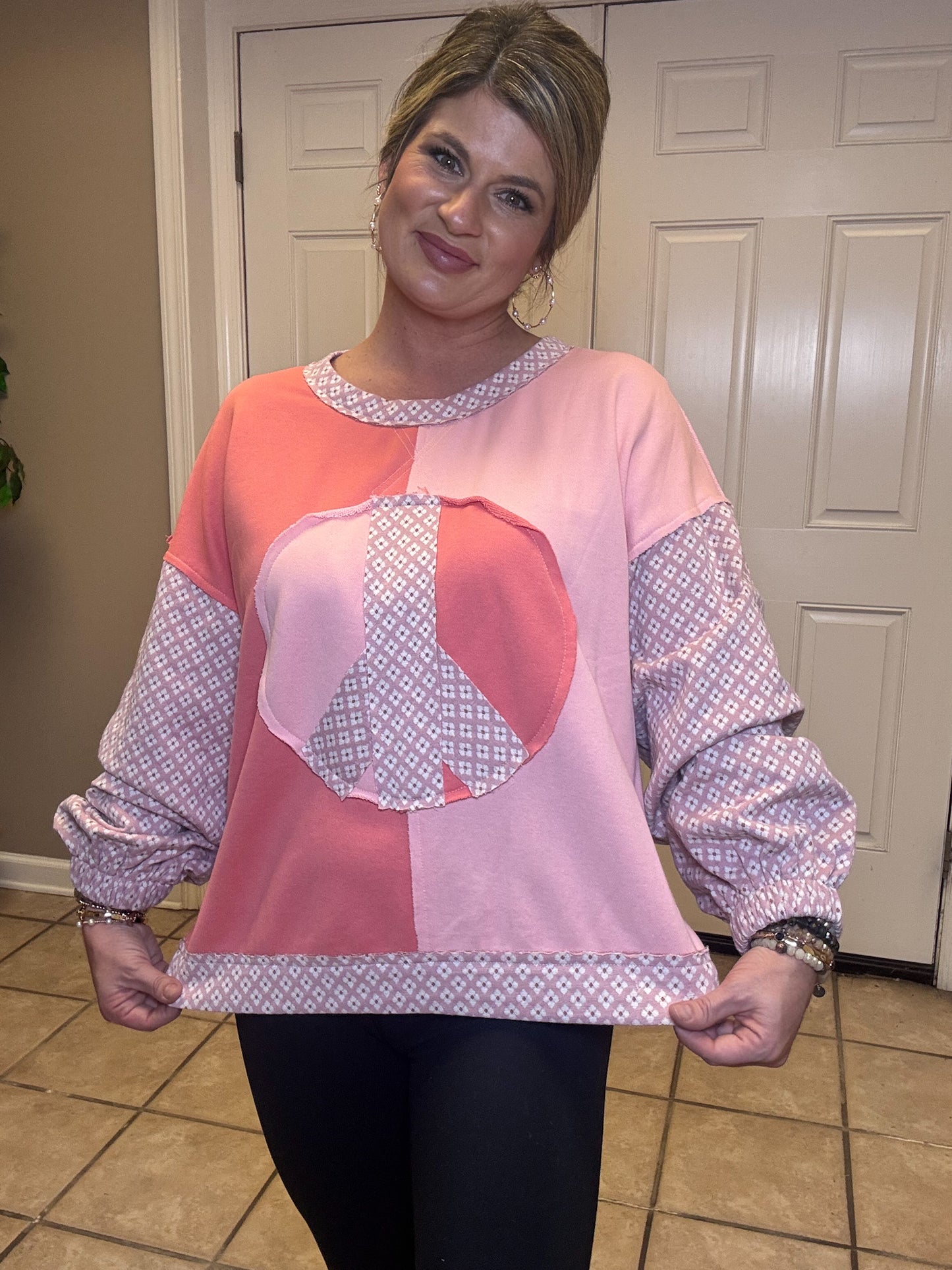 Round Neck Balloon Sleeve Floral Print in Coral/Pink