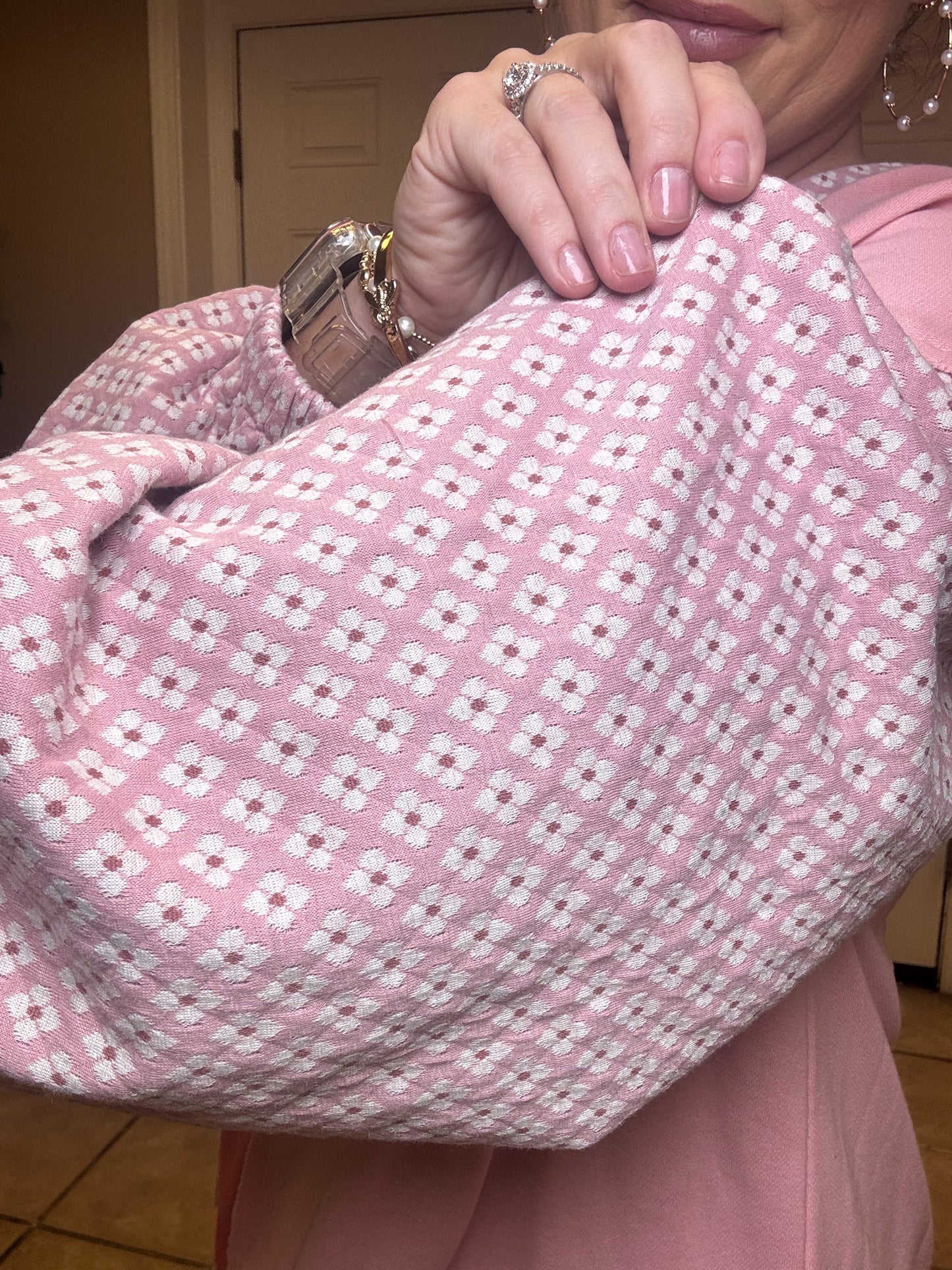 Round Neck Balloon Sleeve Floral Print in Coral/Pink