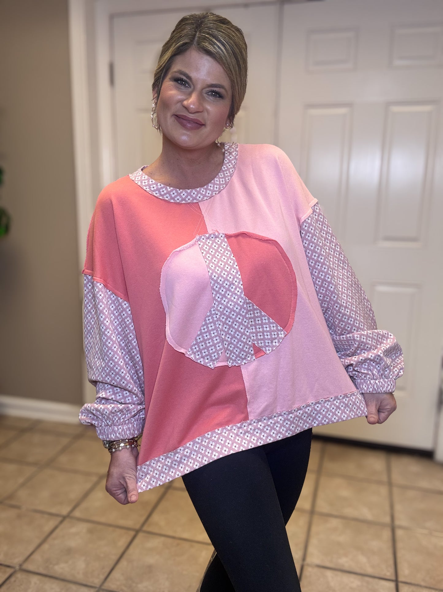 Round Neck Balloon Sleeve Floral Print in Coral/Pink