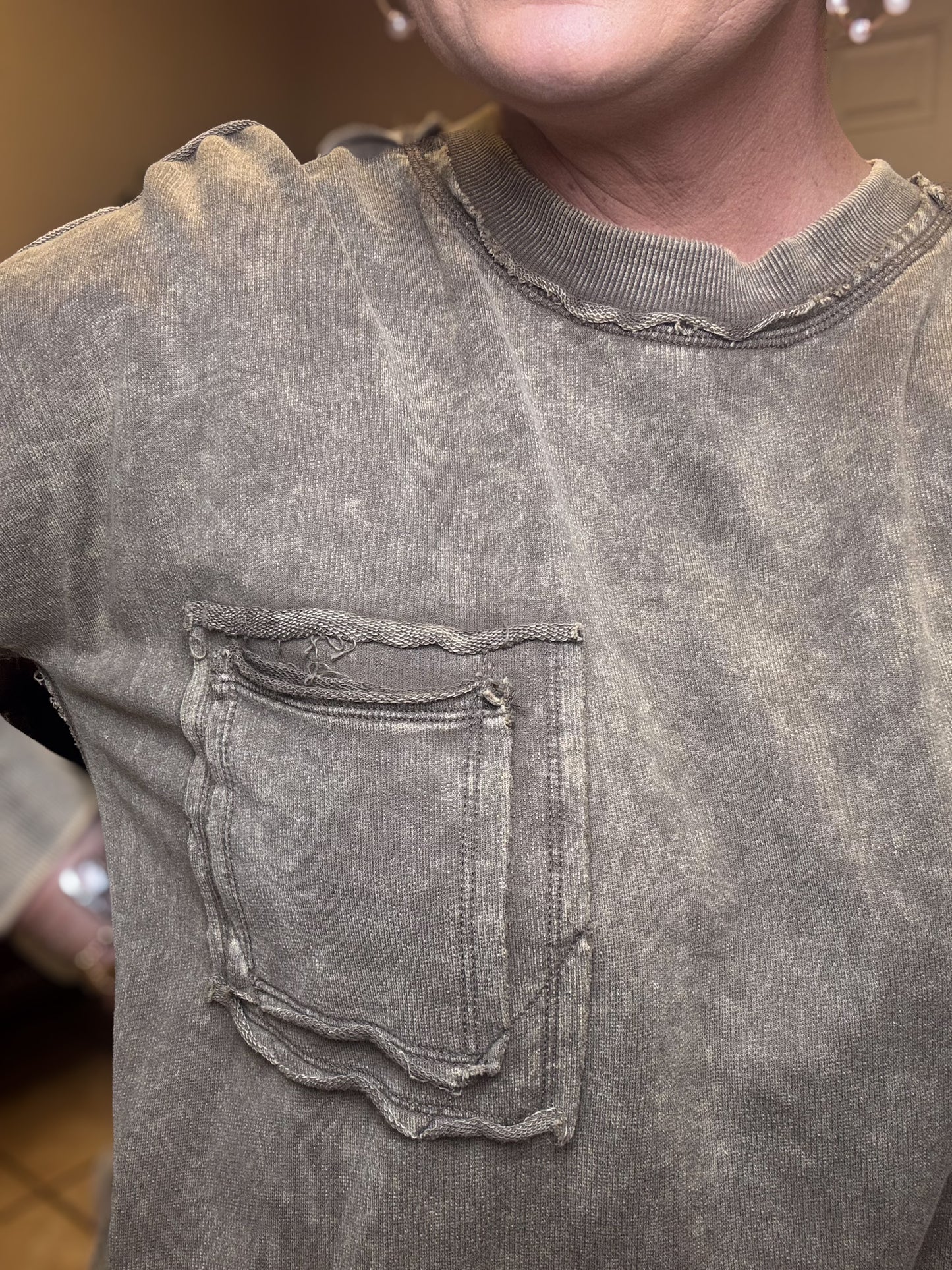 French Terry Acid Wash Raw Edge Front Pocket Pullover by Zenana