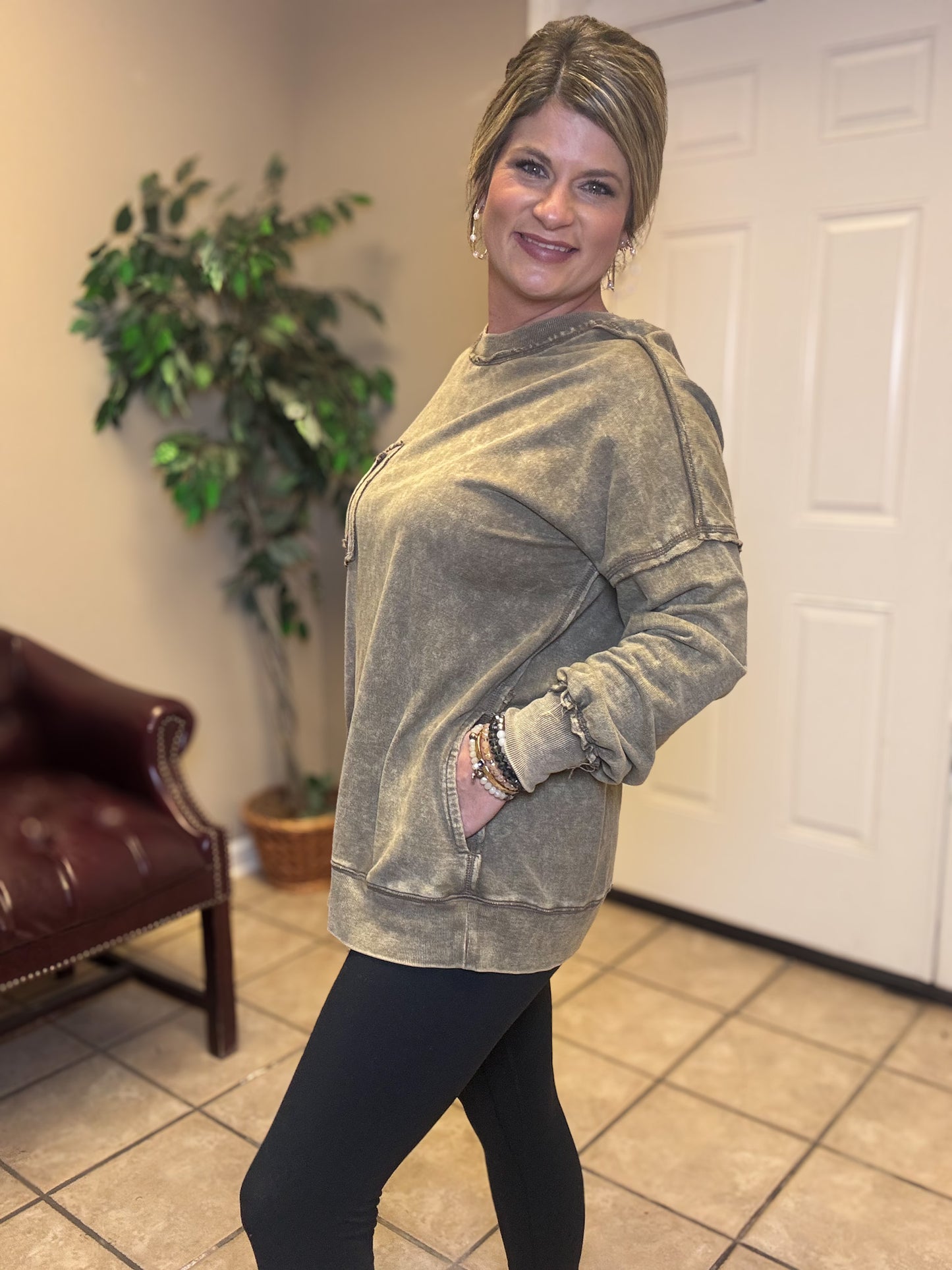 French Terry Acid Wash Raw Edge Front Pocket Pullover by Zenana