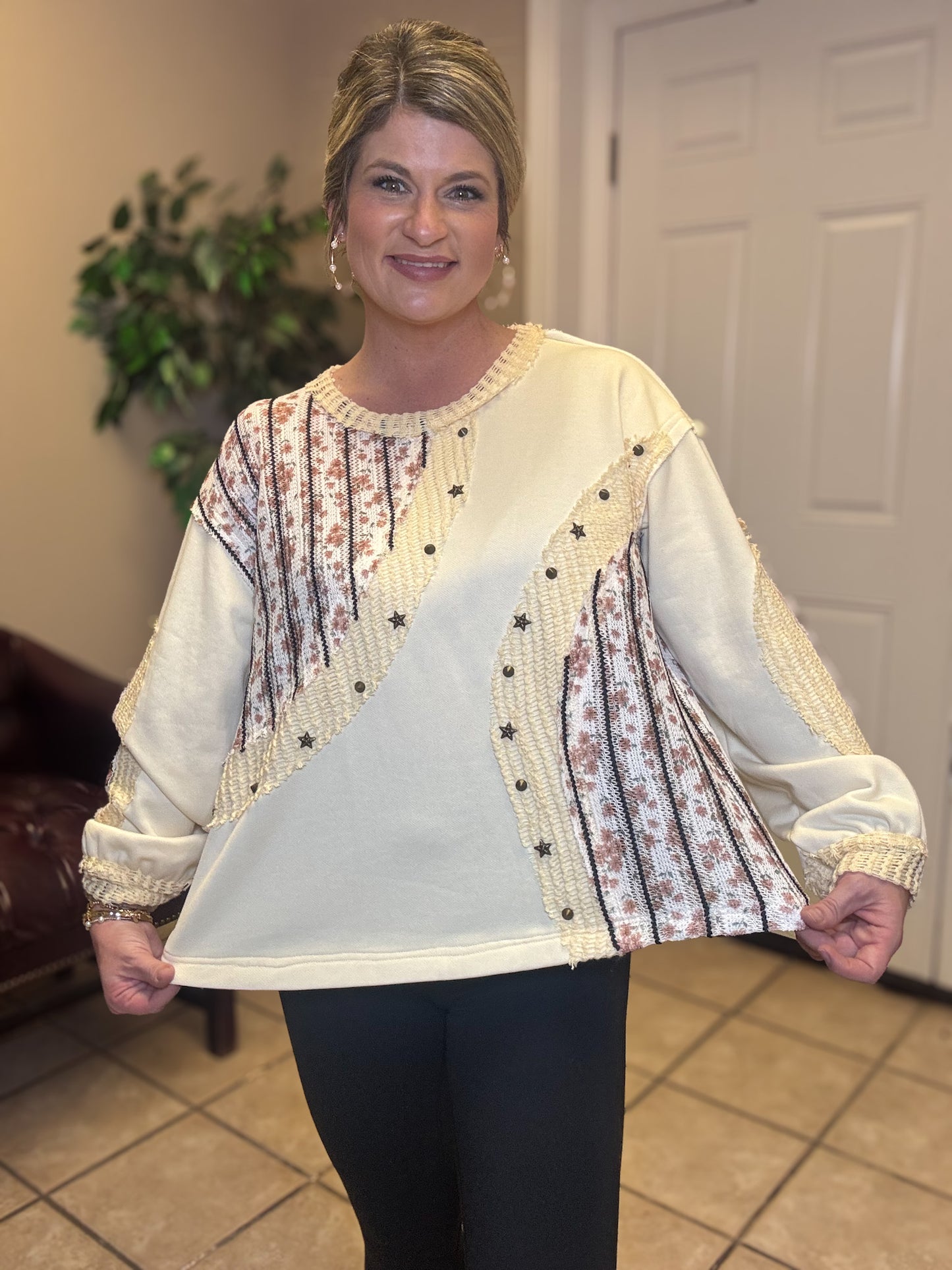 Round Neck Long Sleeve top in Cream By Pol