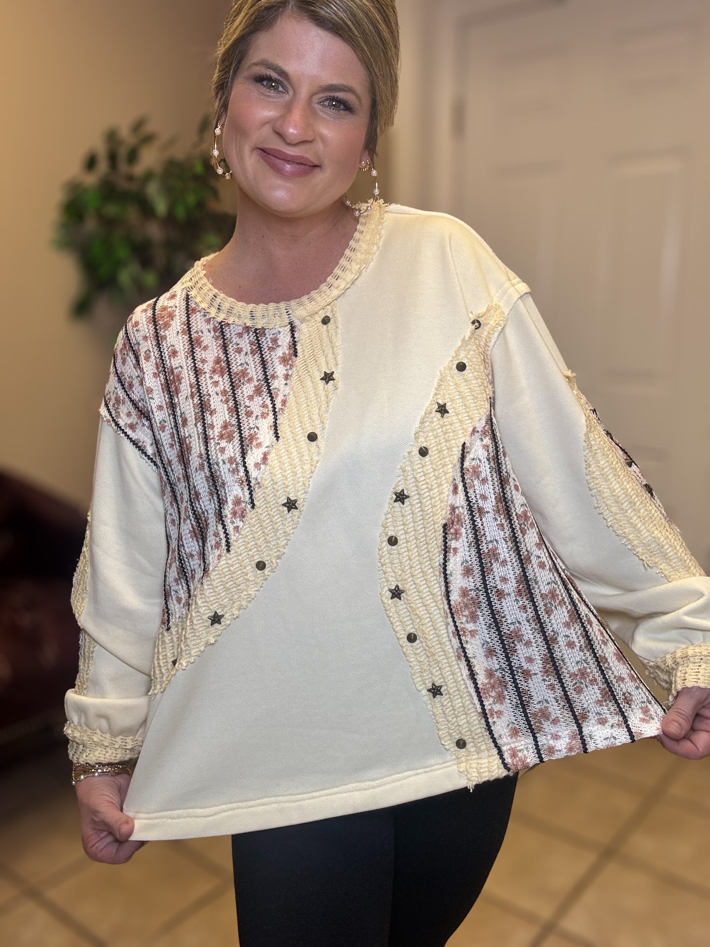 Round Neck Long Sleeve top in Cream By Pol