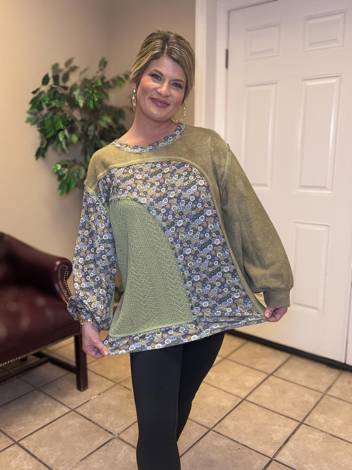 Round Neck Long Sleeve Relaxed Top in Olive by Pol