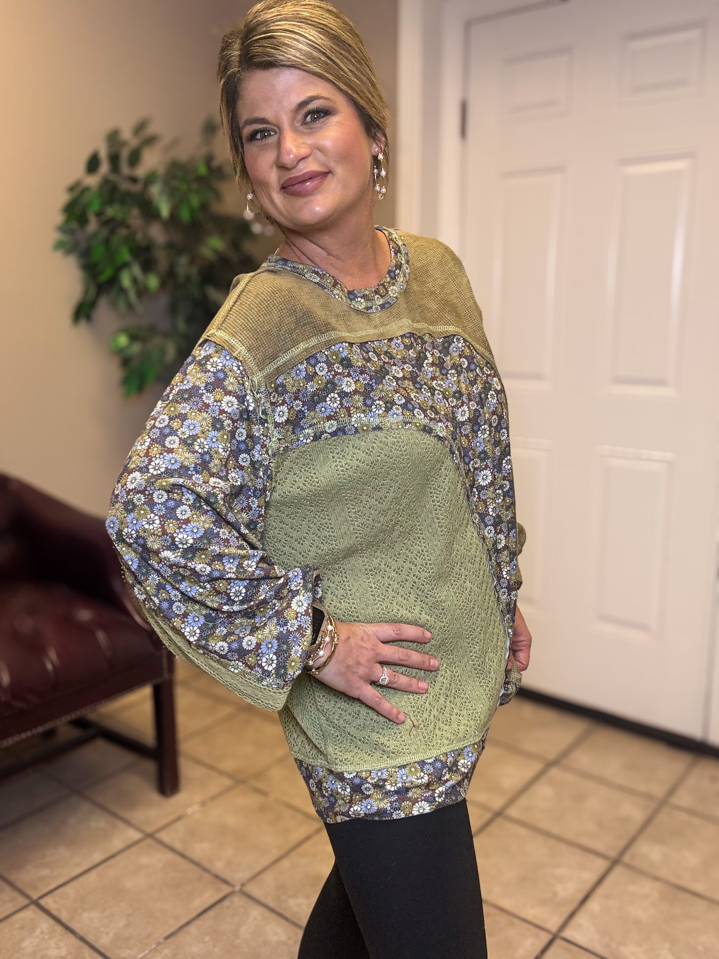 Round Neck Long Sleeve Relaxed Top in Olive by Pol