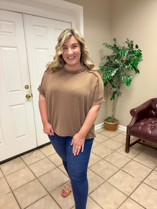 Corded Rib Cuff Sleeve Raw Edge Top