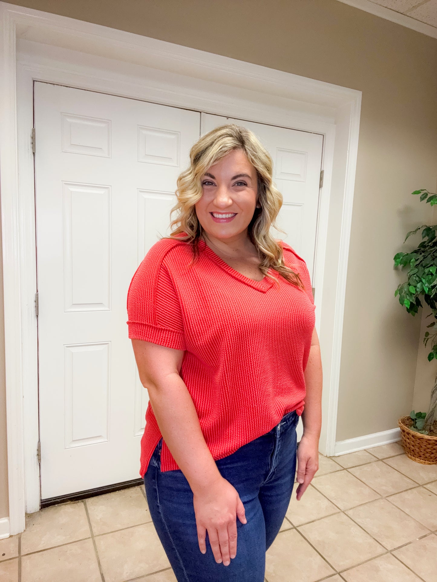 Corded Rib Cuff Sleeve V Neck Raw Edge Top In Tomato