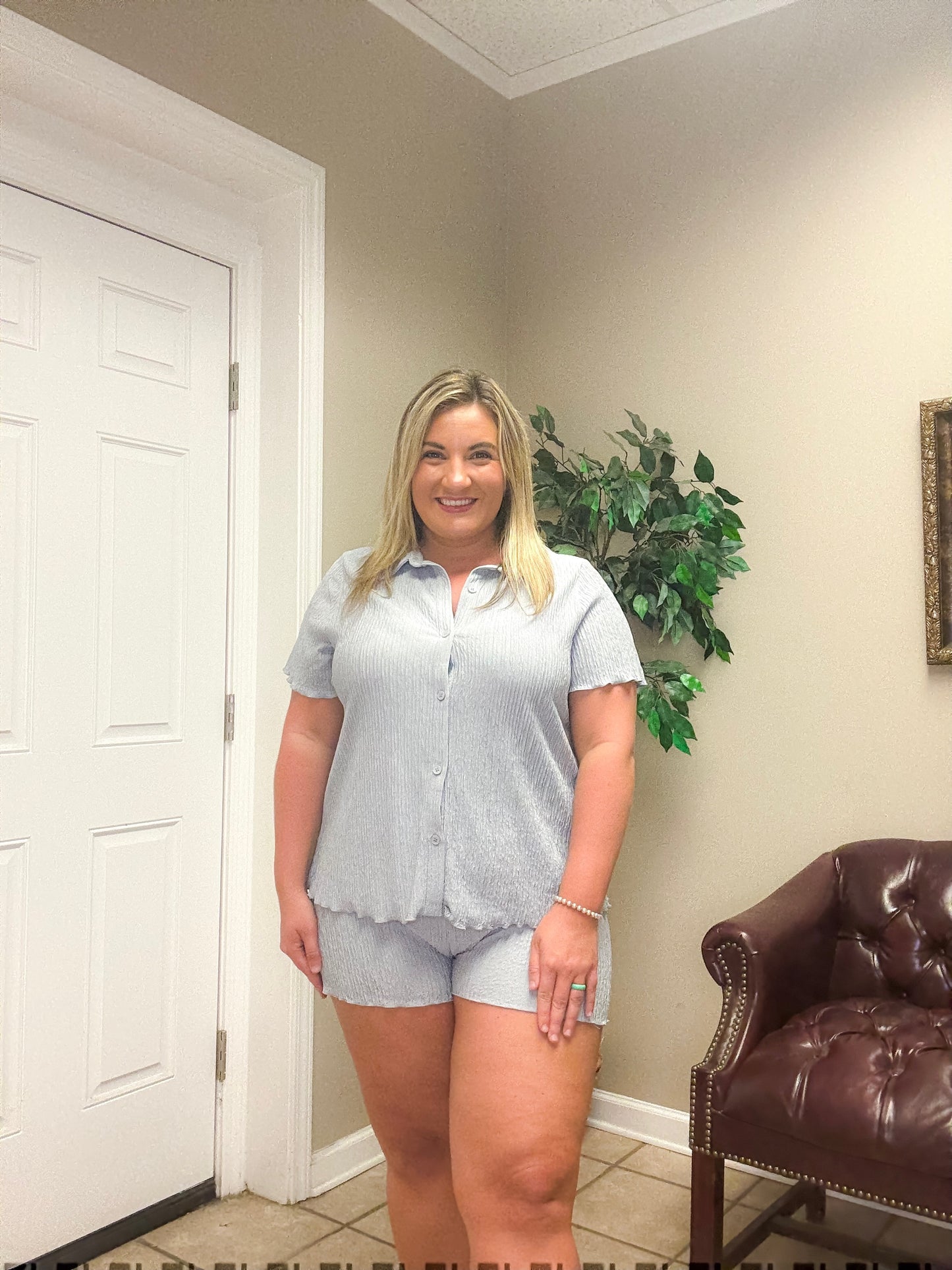 Button Up with Scalloped Hem Short Set by Heyson in Light Grey