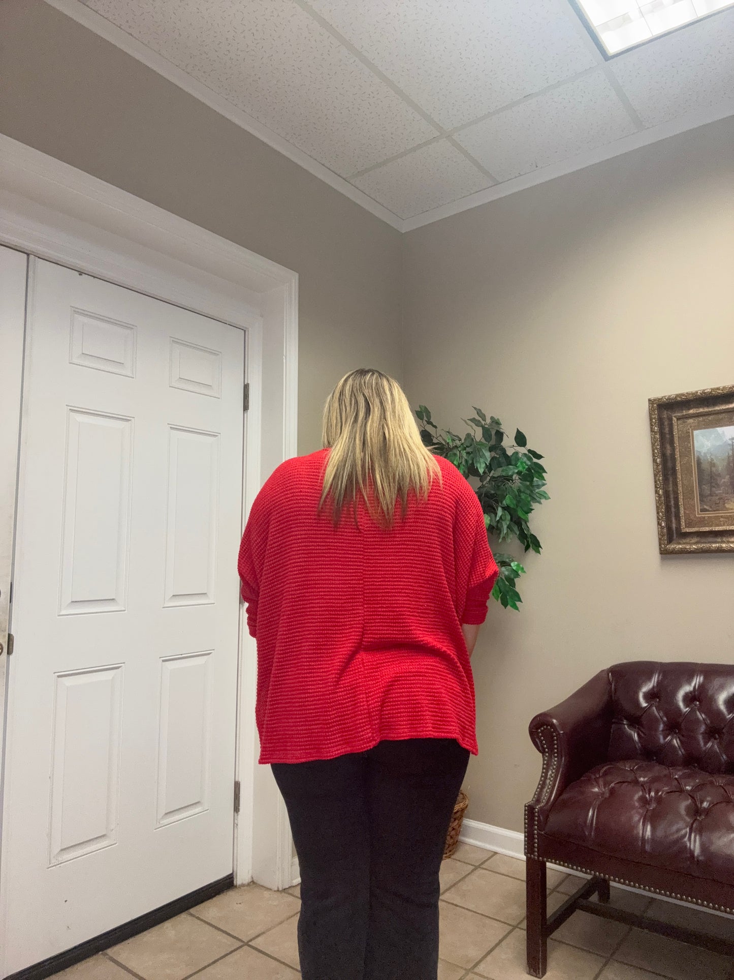 3/4 Sleeve V Neck Jacquard Sweater in Red by Zenana