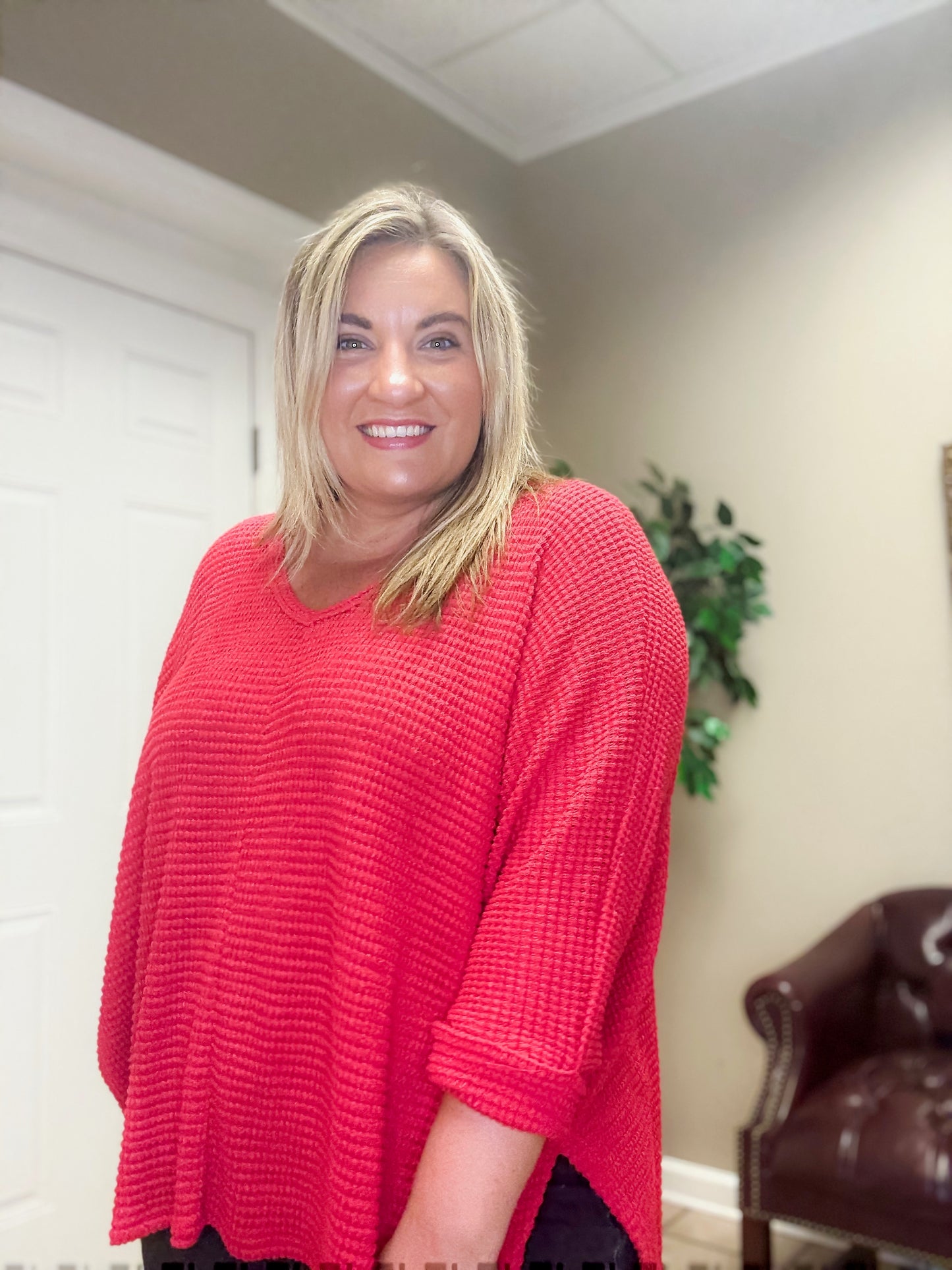 3/4 Sleeve V Neck Jacquard Sweater in Red by Zenana