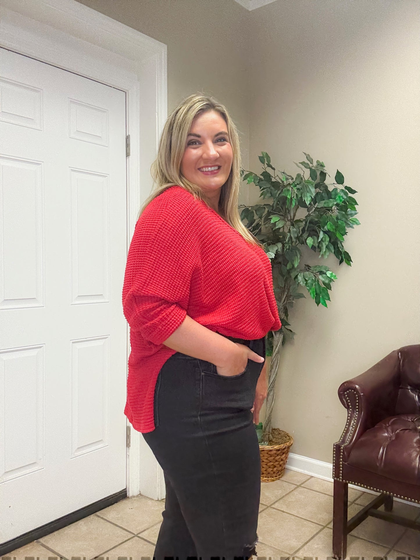 3/4 Sleeve V Neck Jacquard Sweater in Red by Zenana