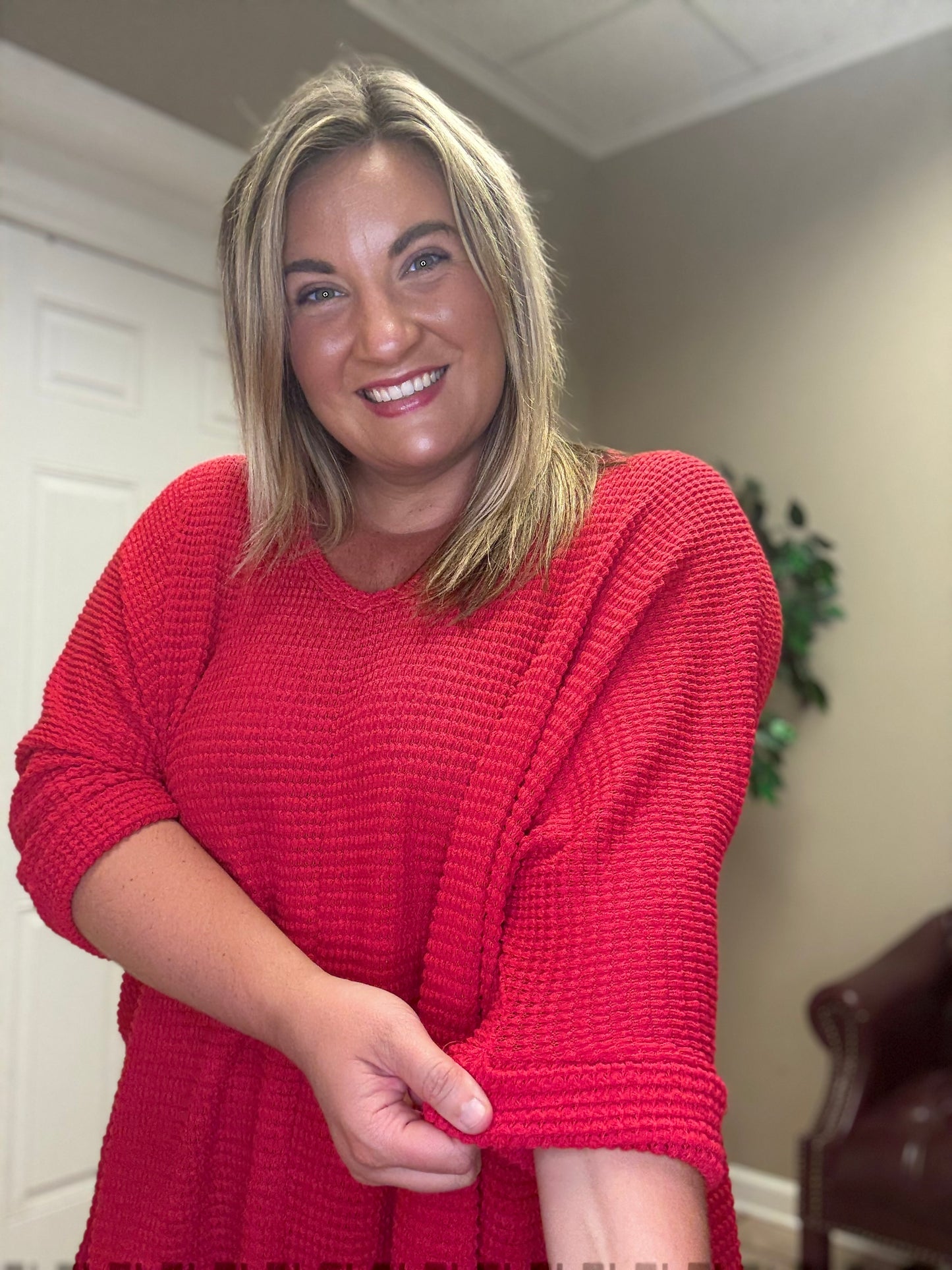 3/4 Sleeve V Neck Jacquard Sweater in Red by Zenana