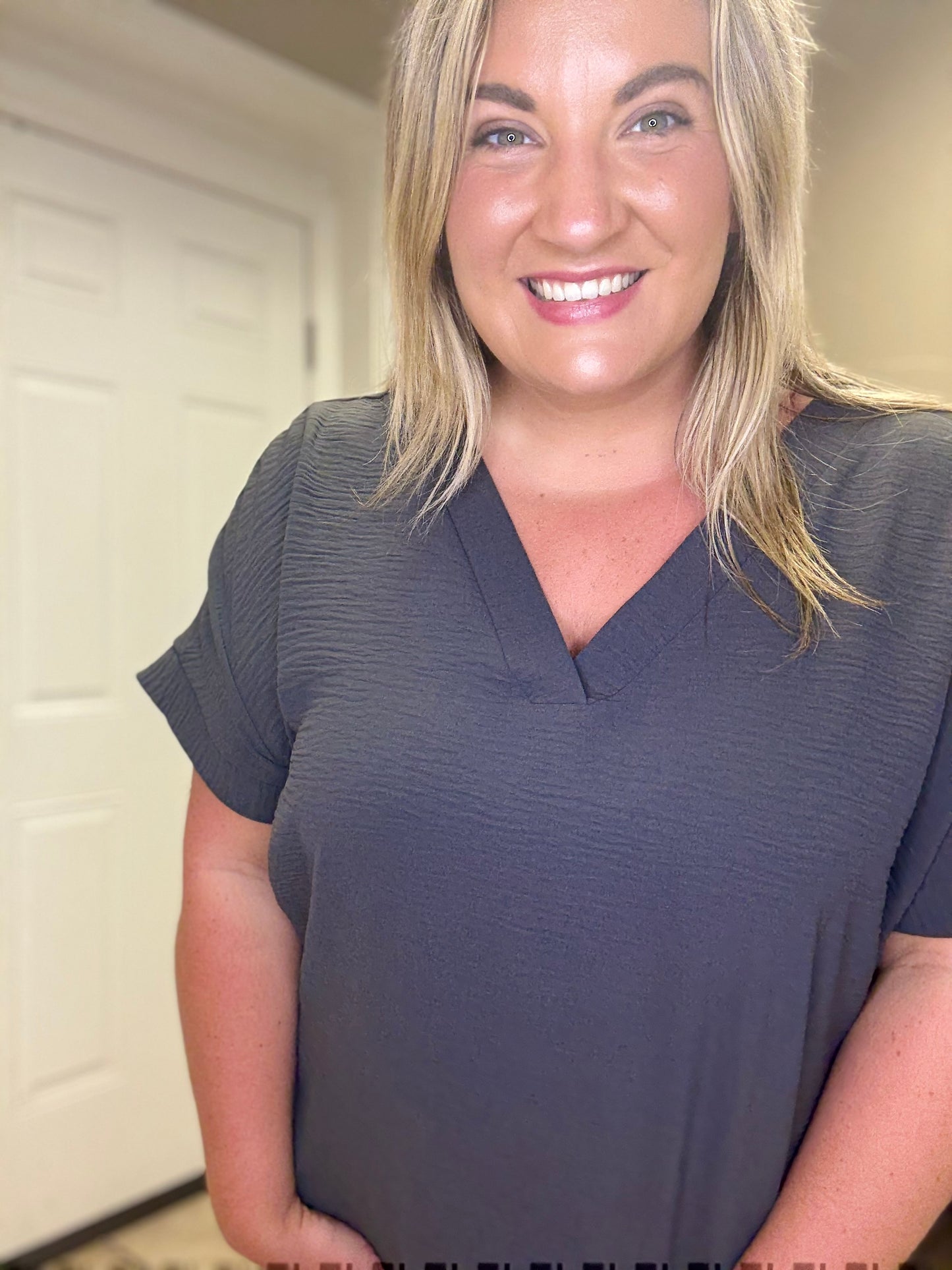 Plus Woven Short Sleeve Top in Grey by Zenana