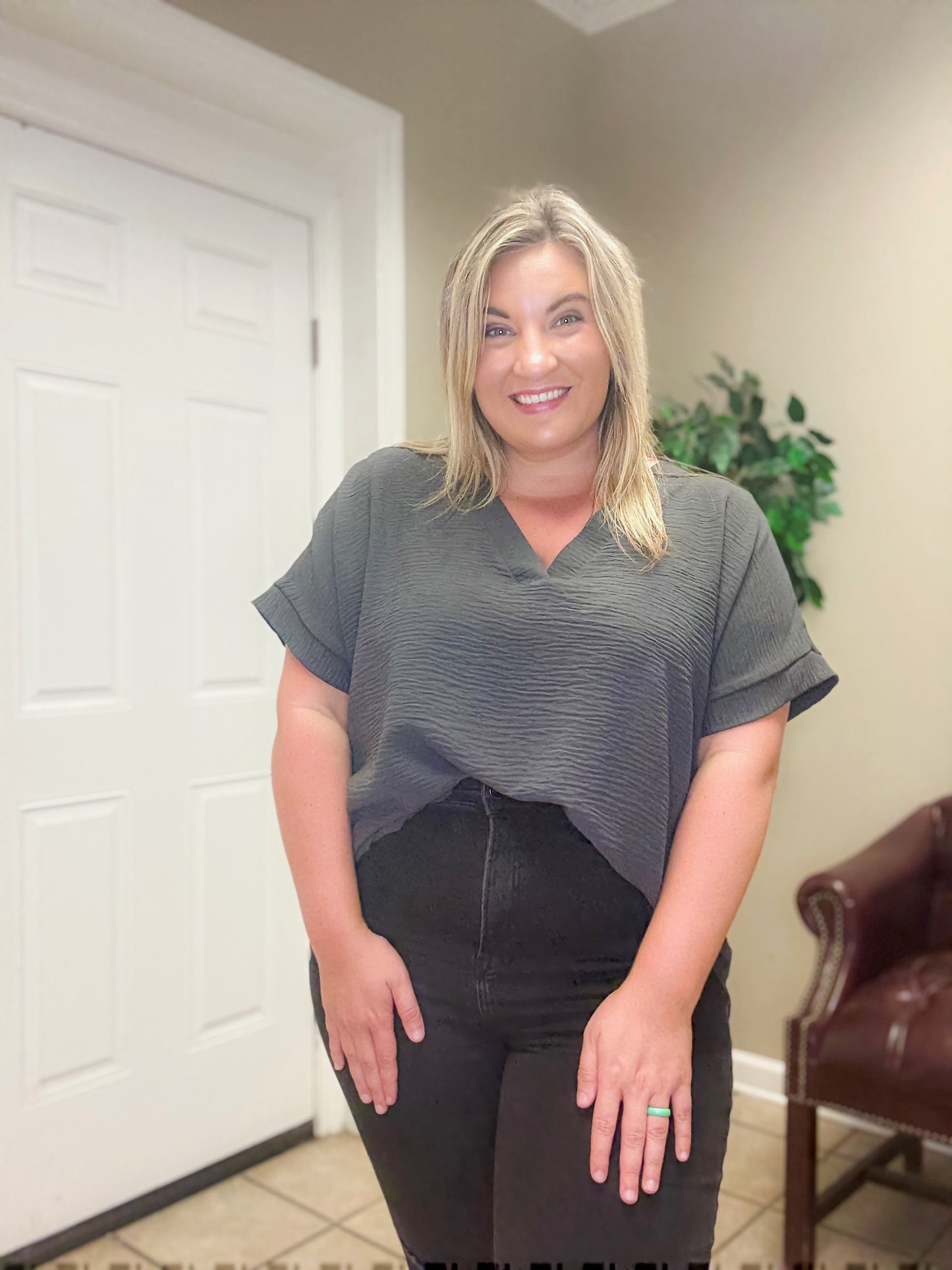 Plus Woven Short Sleeve Top in Grey by Zenana