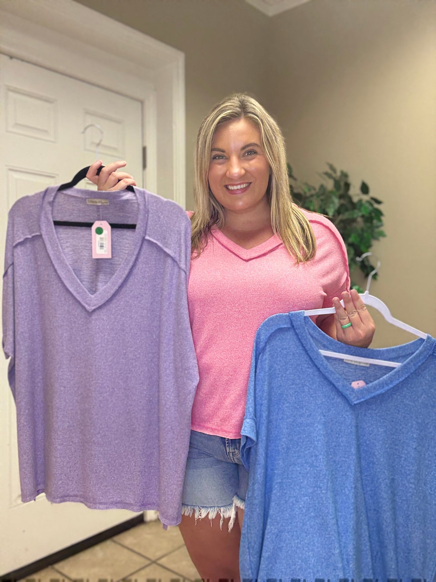 Soft Melange Hacci V Neck Short Sleeve Hi Low Tee in Ocean Blue, Lavender, Fuchsia by Zenana
