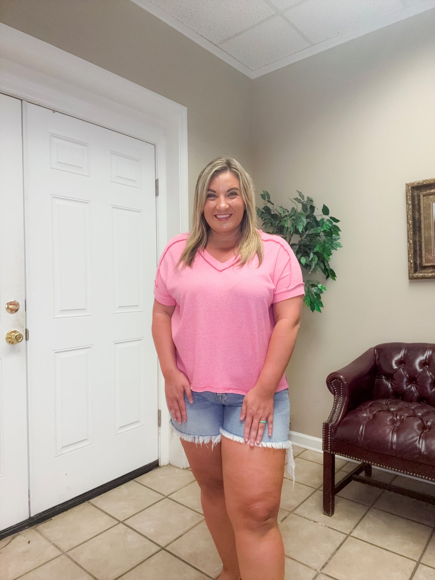 Soft Melange Hacci V Neck Short Sleeve Hi Low Tee in Fuchsia by Zenana