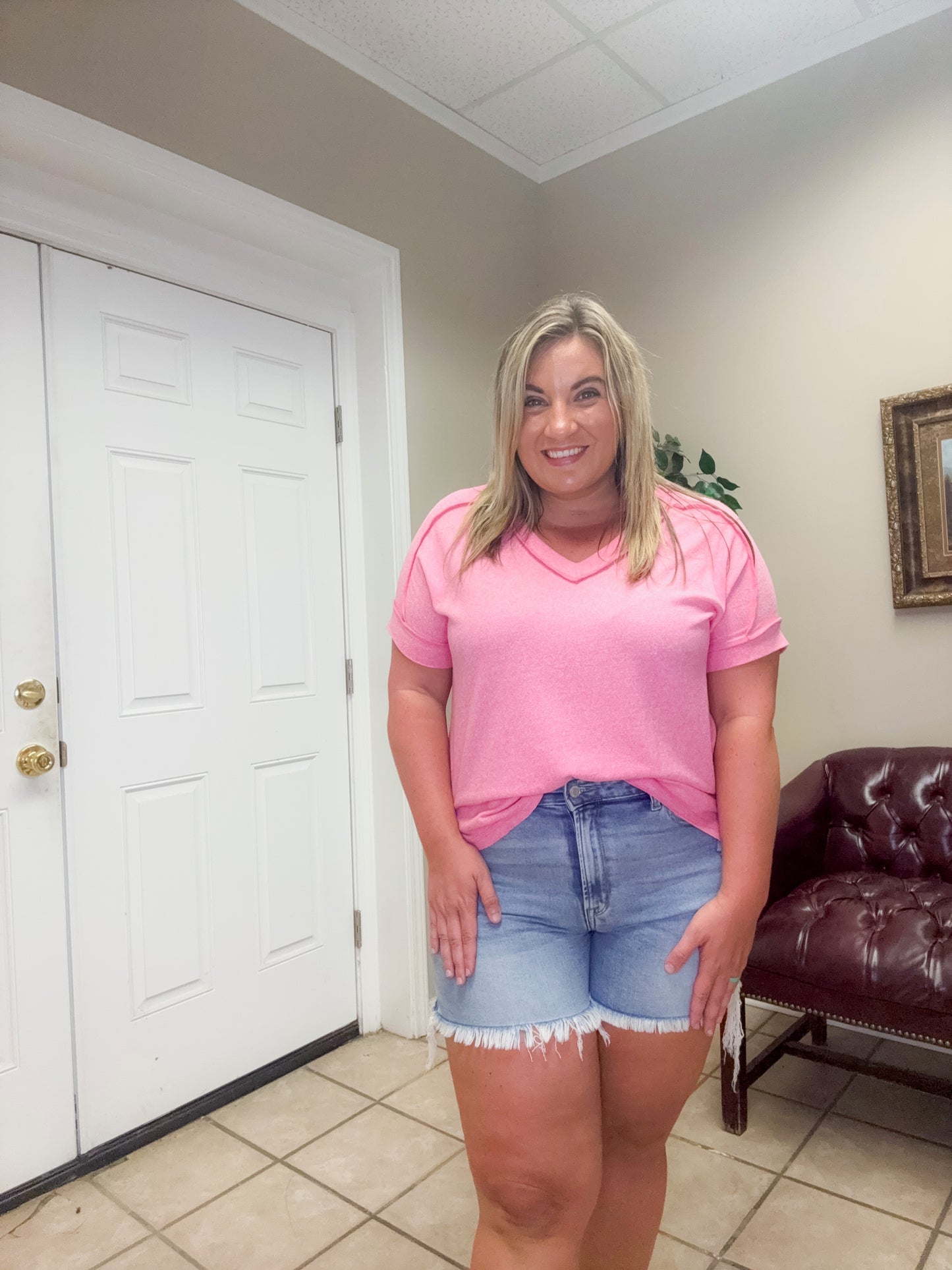 Soft Melange Hacci V Neck Short Sleeve Hi Low Tee in Fuchsia by Zenana