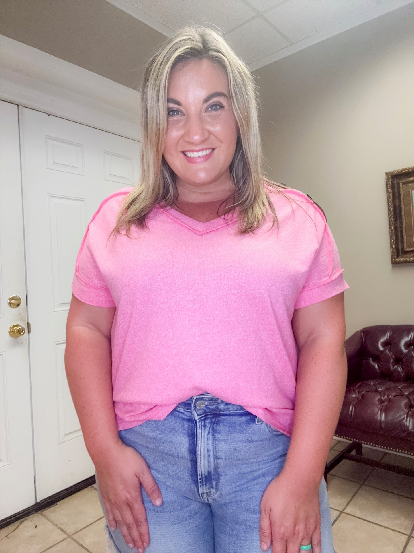 Soft Melange Hacci V Neck Short Sleeve Hi Low Tee in Fuchsia by Zenana