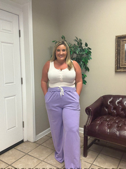Plus French Terry Drawstring Waist Raw Edge Hem Pants in Lavender