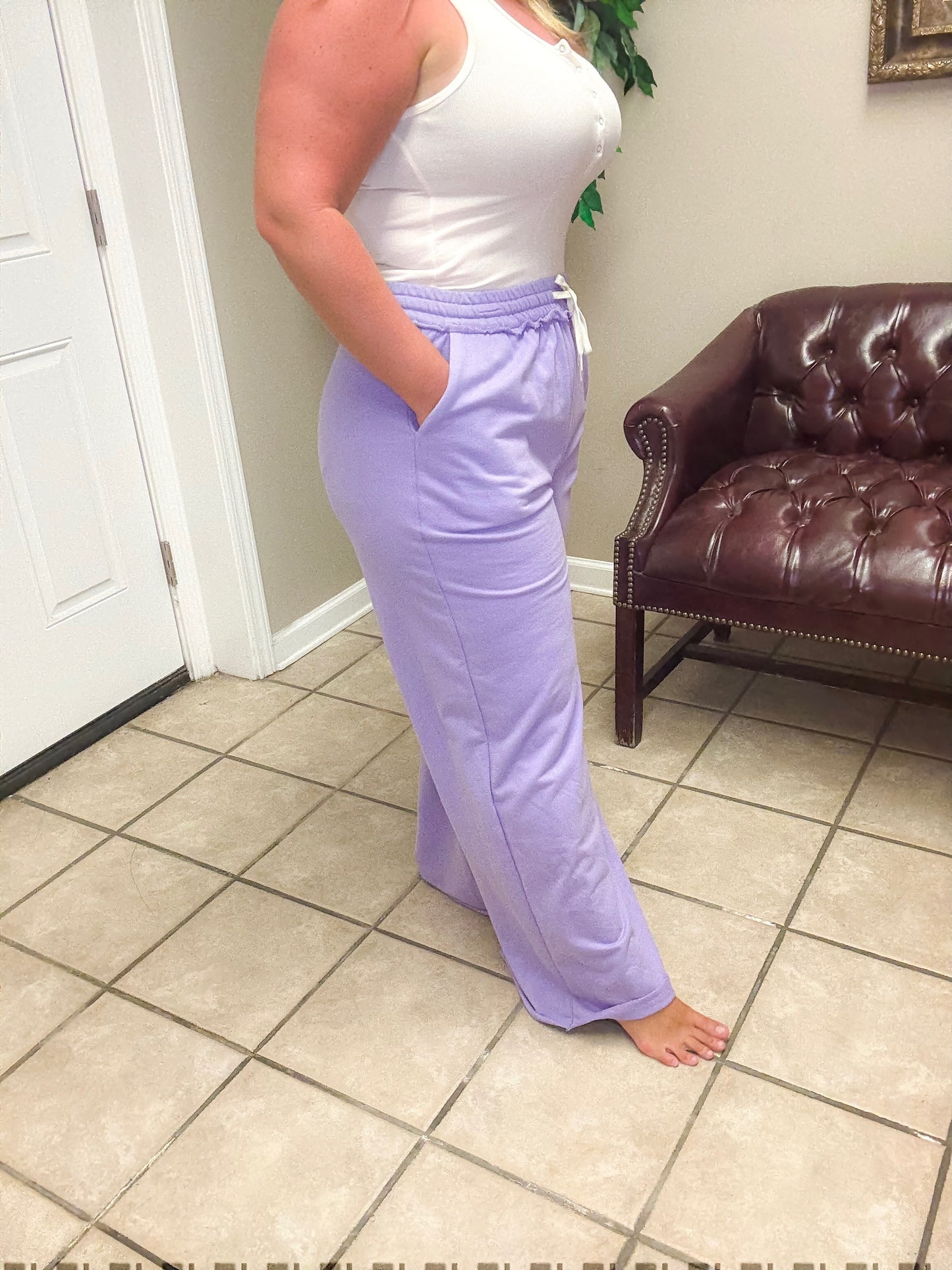 Plus French Terry Drawstring Waist Raw Edge Hem Pants