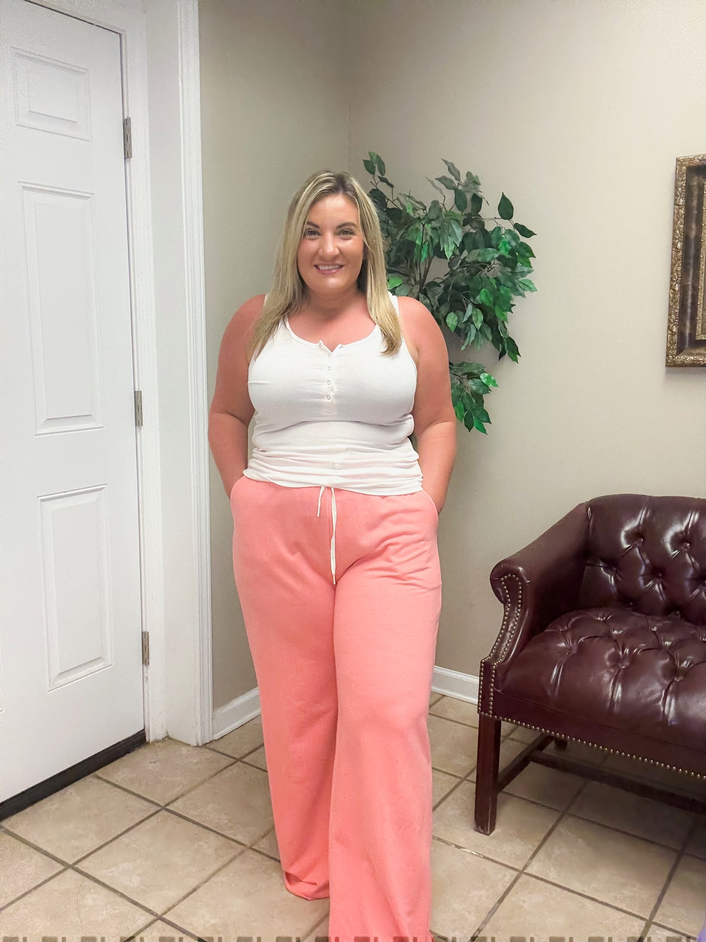 Plus French Terry Drawstring Waist Raw Edge Hem Pants in Cream Coral