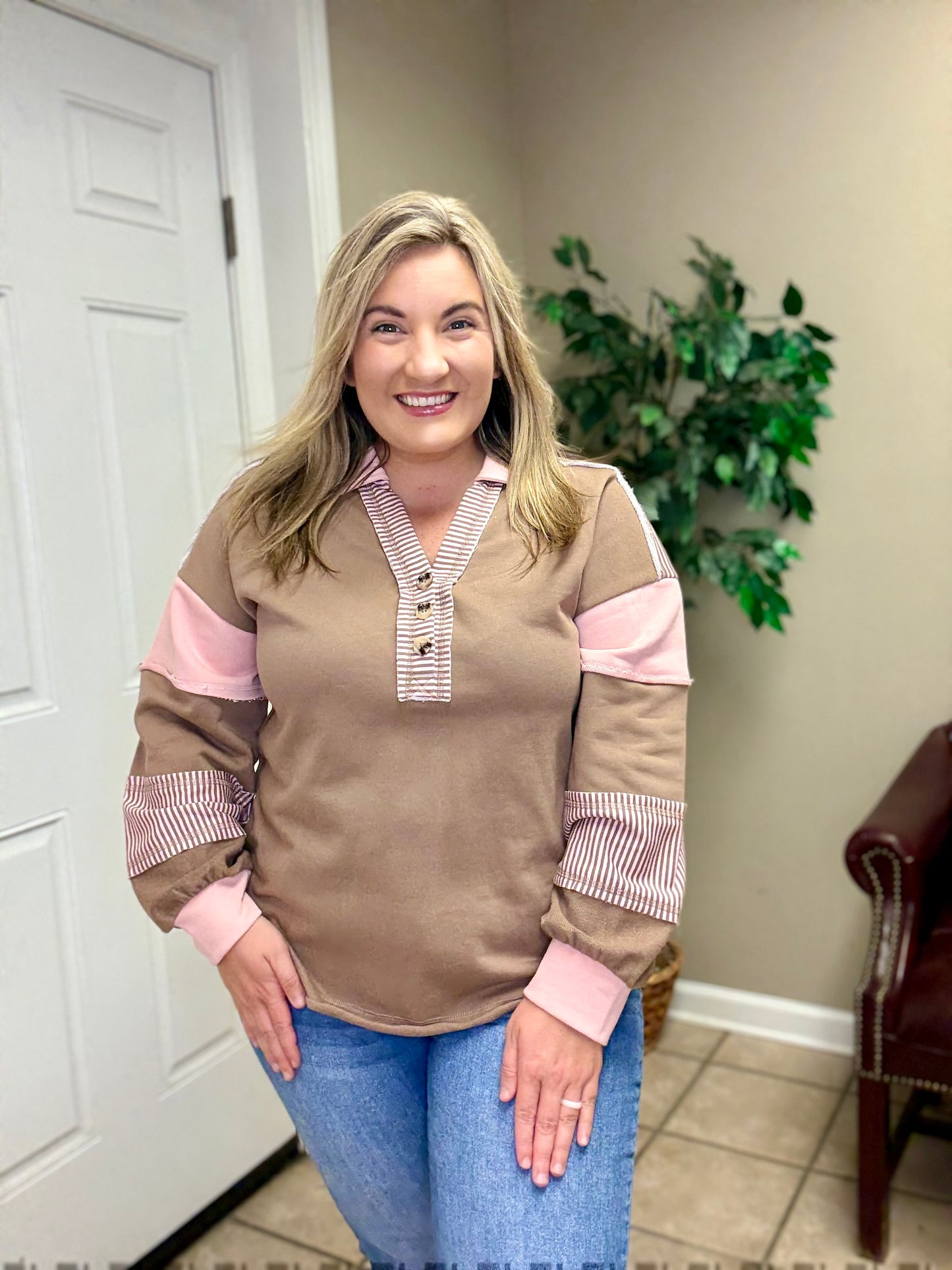 Color Block Oversized Casual Knit Top by Very J in Mocha and Heather Grey