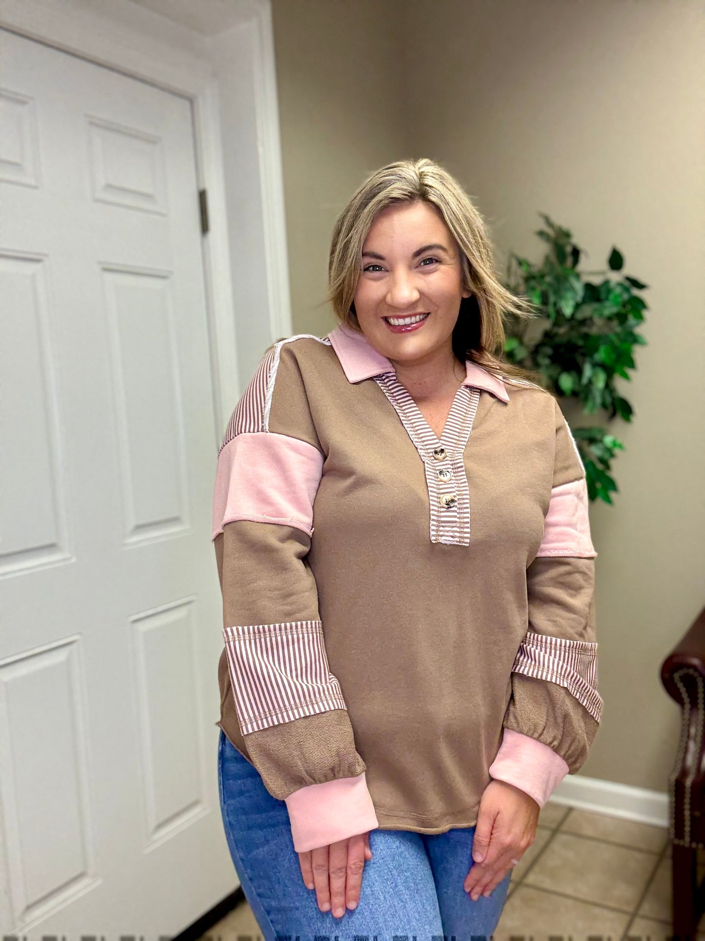 Color Block Oversized Casual Knit Top by Very J in Mocha and Heather Grey