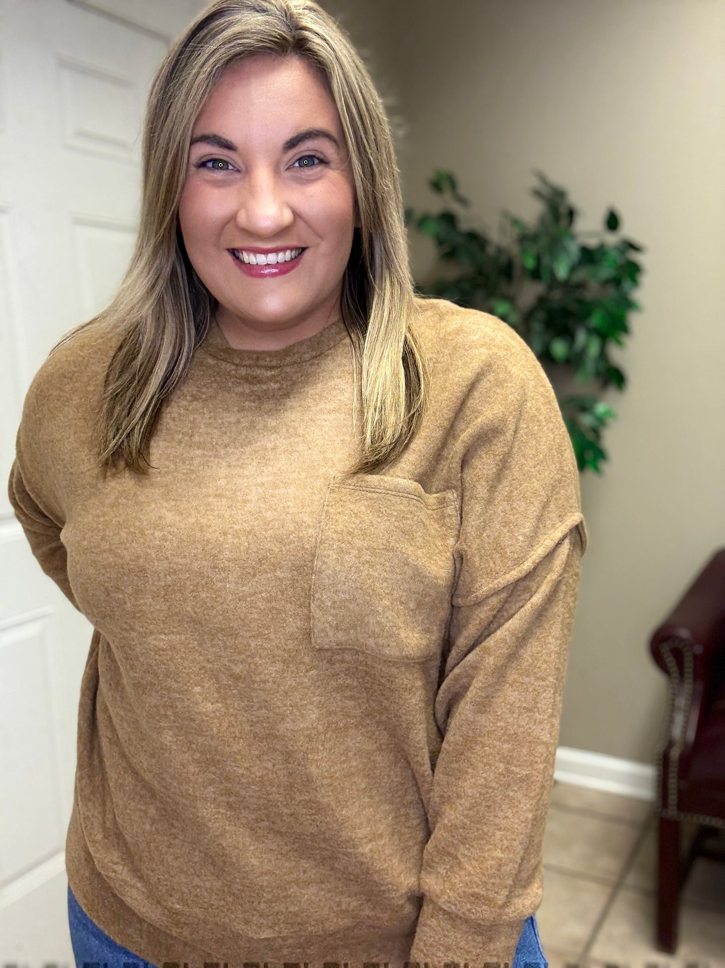Long sleeve Brushed Melange Drop Shoulder Oversized Sweater In Deep Camel