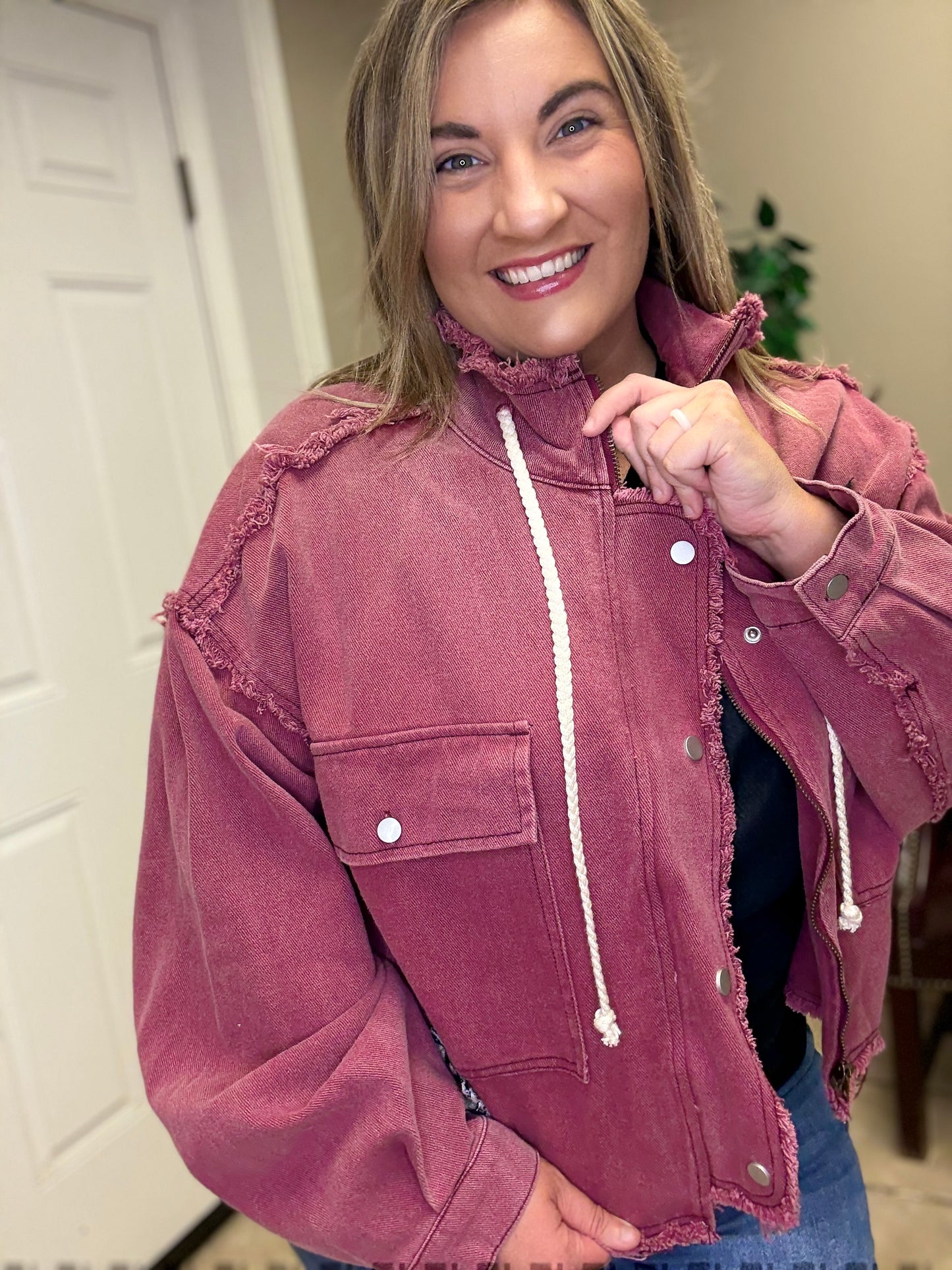 High Neck Raw Edge Jacket by Pol in Wine