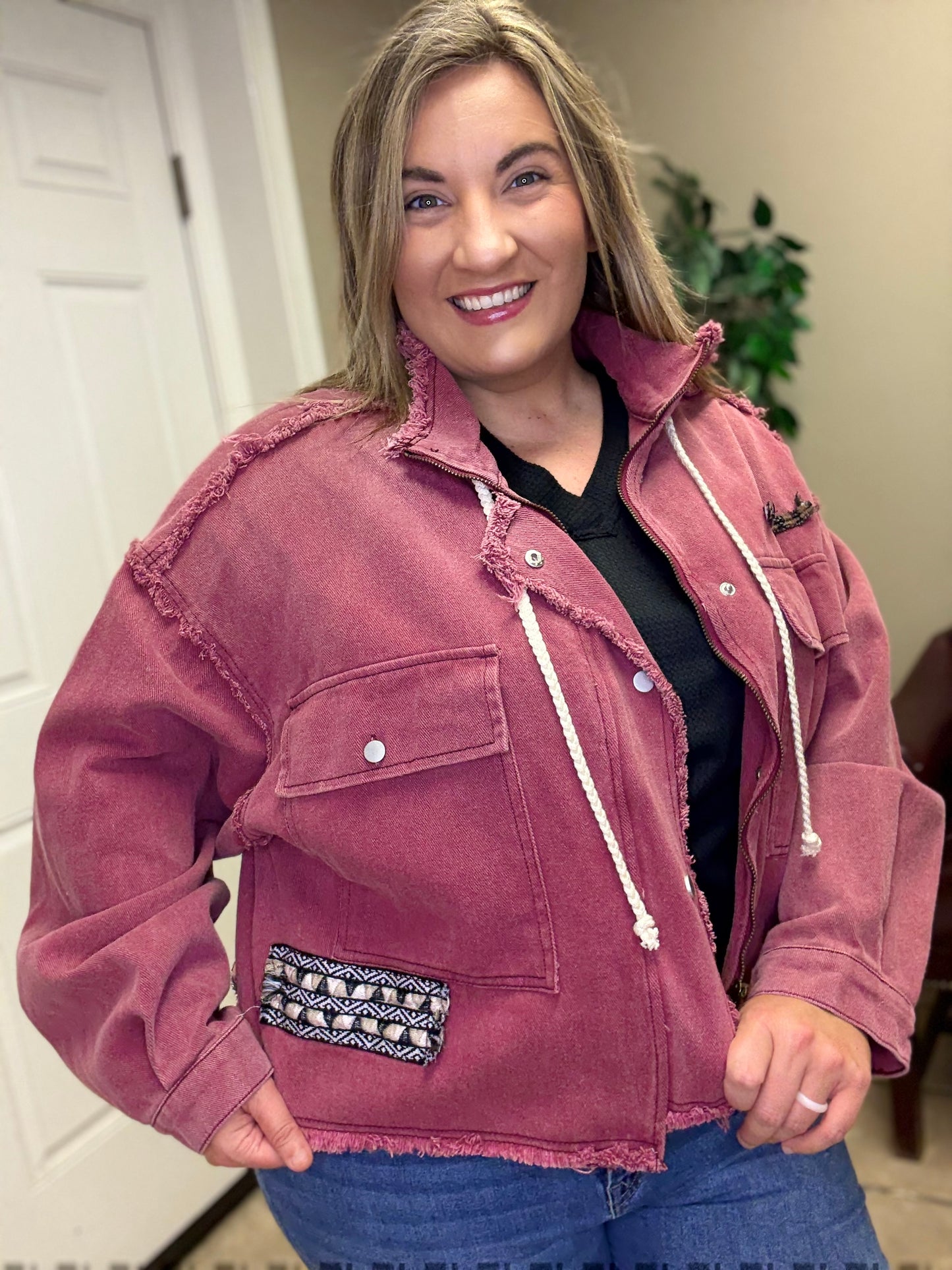High Neck Raw Edge Jacket by Pol in Wine