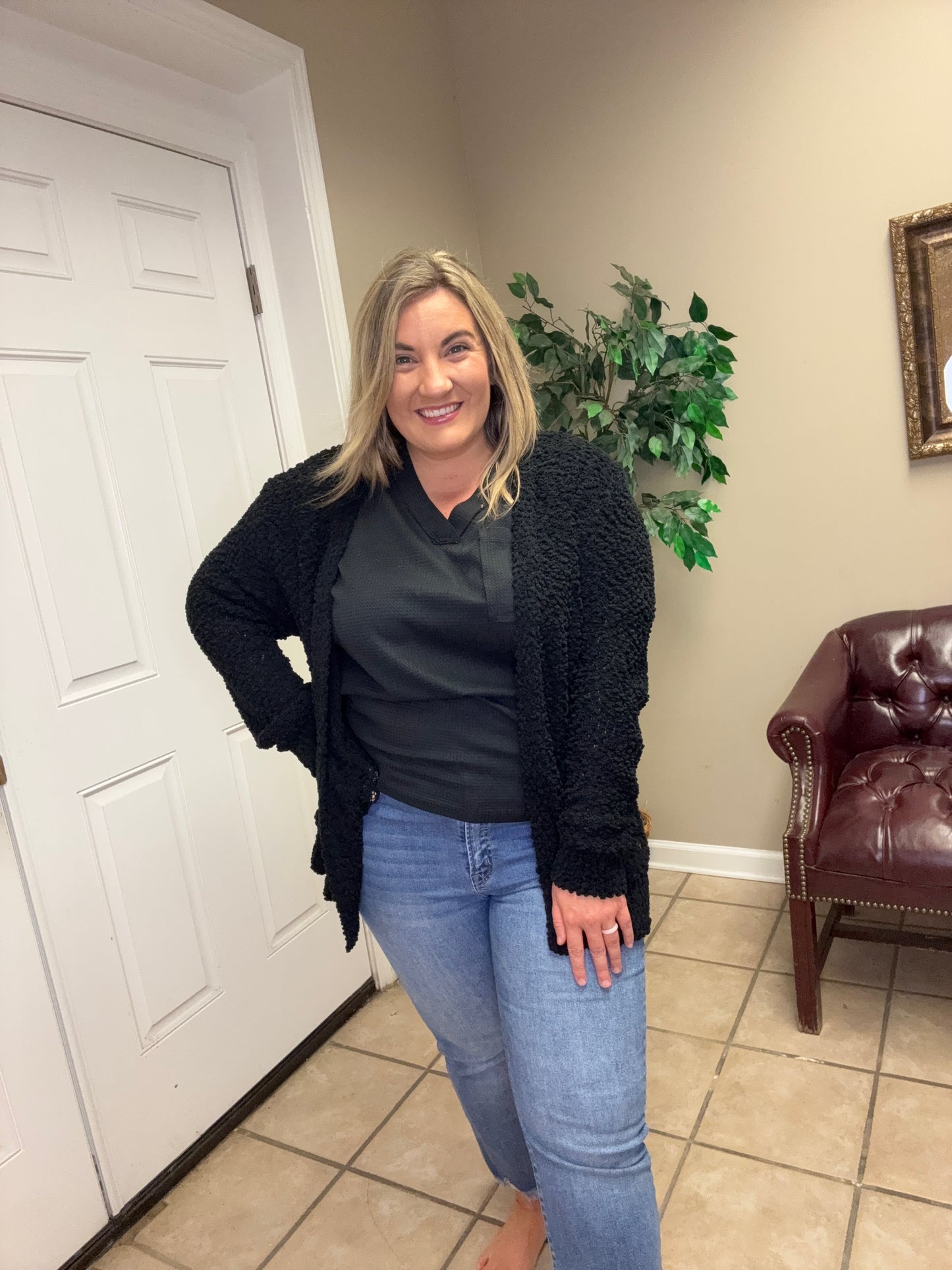 Black Long Sleeve Popcorn Sweater Cardigan With Pockets by Zenana