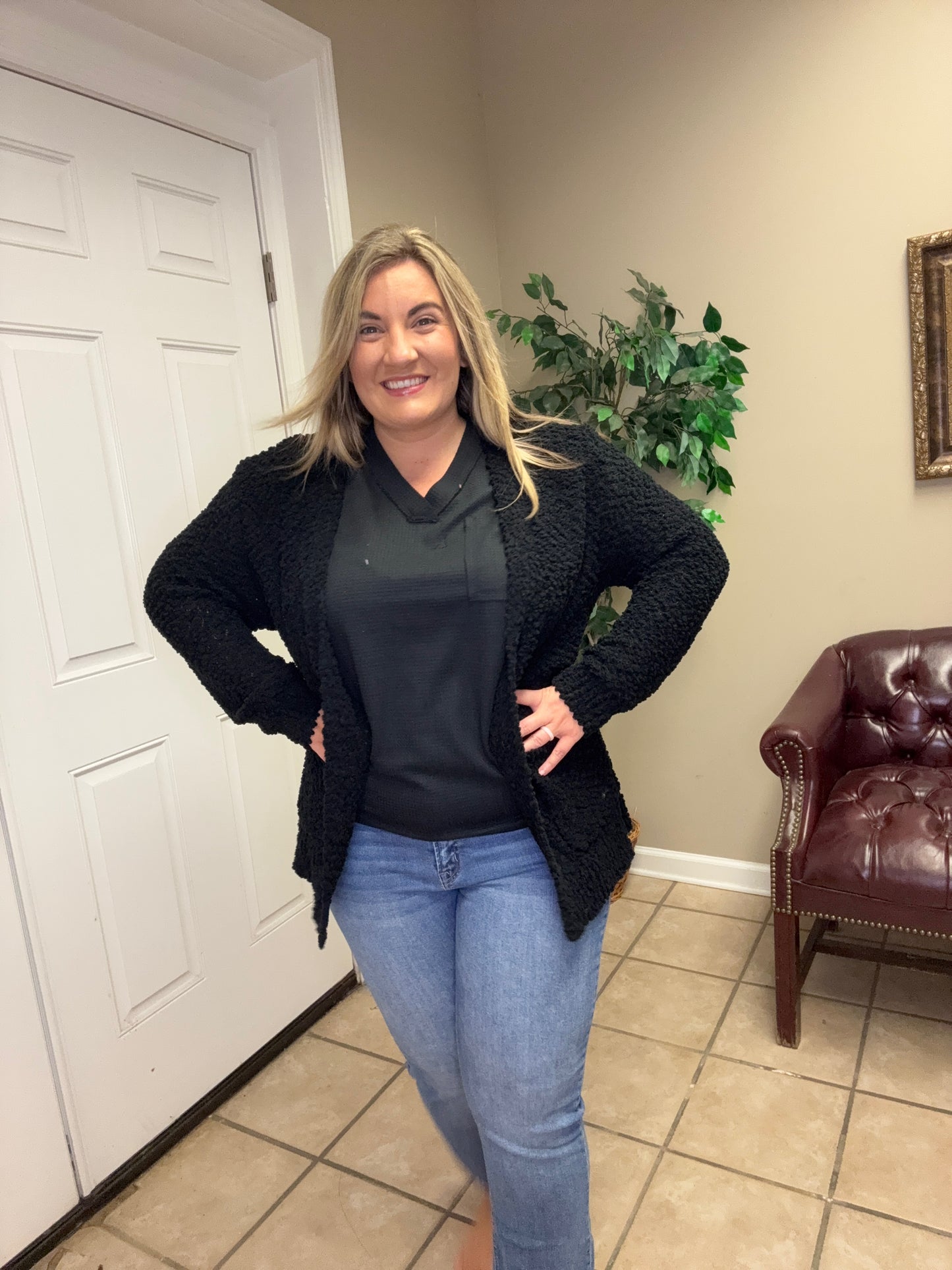 Black Long Sleeve Popcorn Sweater Cardigan With Pockets by Zenana