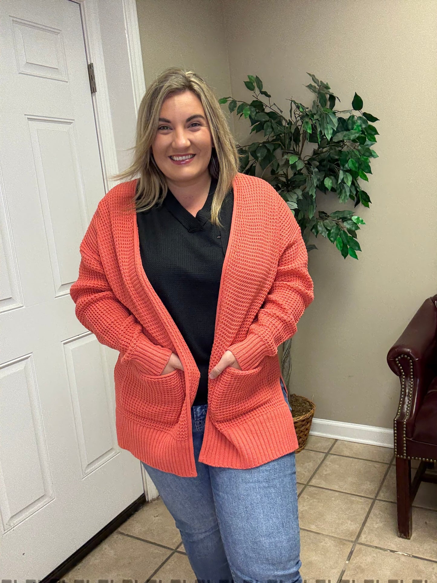 Plus Low Gauge Waffle Open Cardigan Sweater in Coral by Zenana